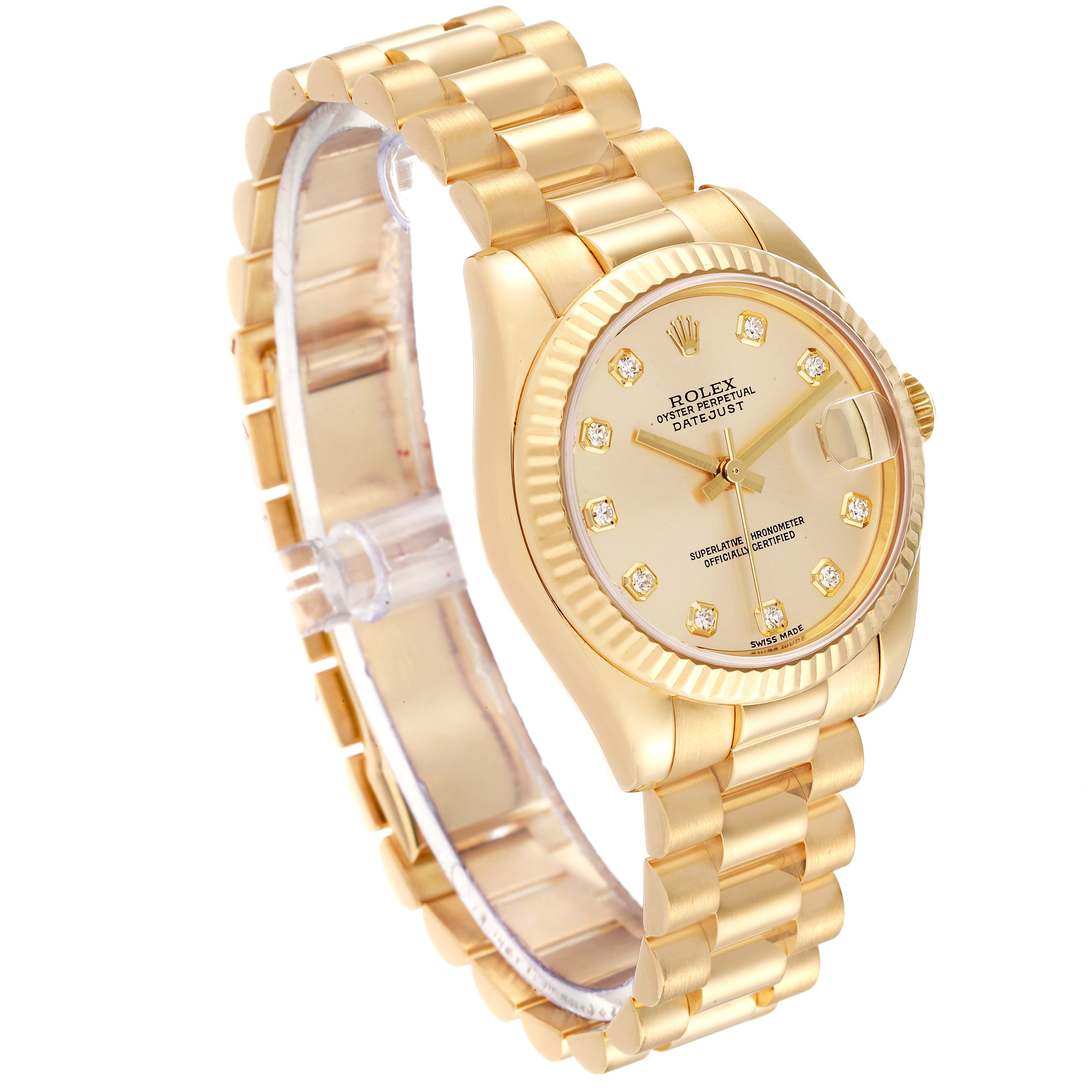 The image shows a Rolex President 178278 Women
s Yellow Gold Champagne Dial 178278 Women
s Yellow Gold Champagne Dial model from an angled top view, displaying the full watch, including the dial, bezel, and bracelet.