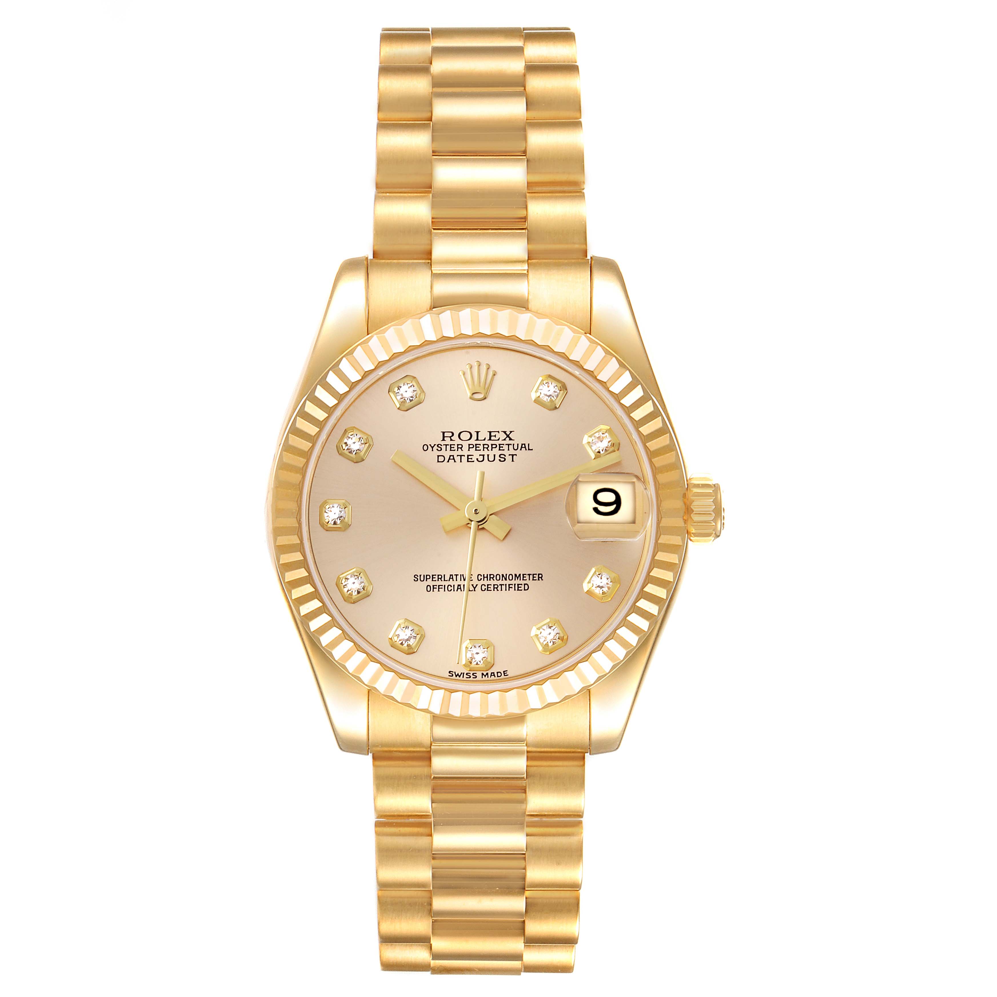 The image shows a frontal view of a Rolex President 178278 Women
s Yellow Gold Champagne Dial 178278 Women
s Yellow Gold Champagne Dial model watch, highlighting its face, hands, date display, and bracelet.