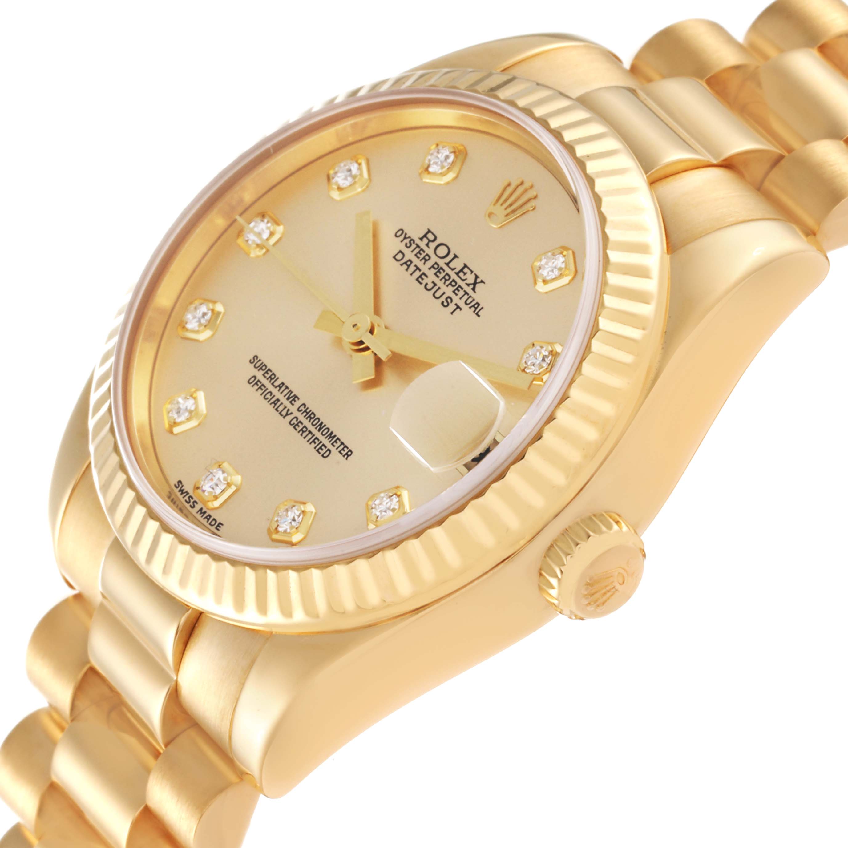 The image shows a side angle of the Rolex President 178278 Women
s Yellow Gold Champagne Dial 178278 Women
s Yellow Gold Champagne Dial watch, highlighting its face, fluted bezel, and gold bracelet with diamond hour markers.