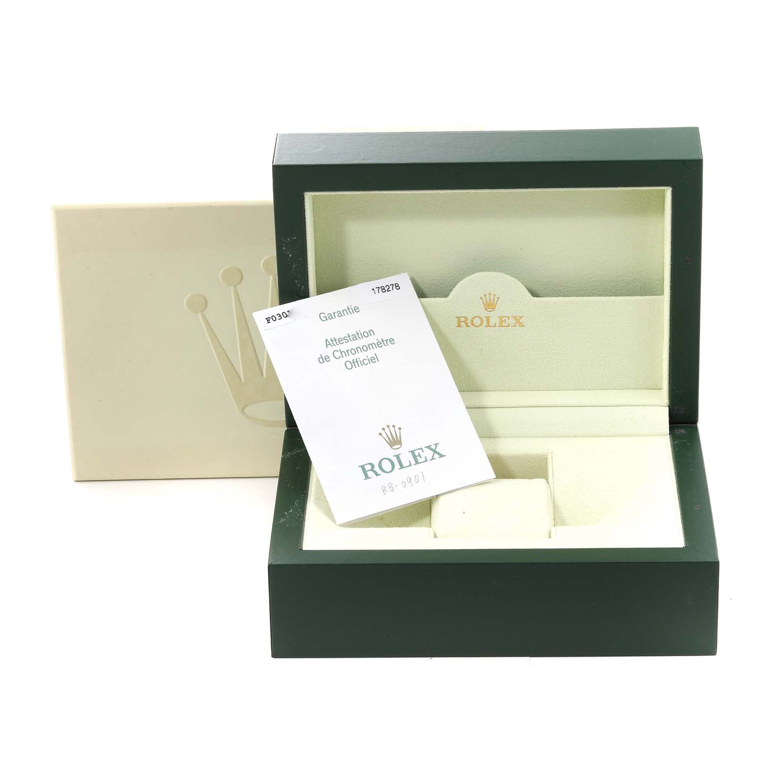 The image shows the open box and warranty booklet for a Rolex President 178278 Women
s Yellow Gold Champagne Dial 178278 Women
s Yellow Gold Champagne Dial model watch.