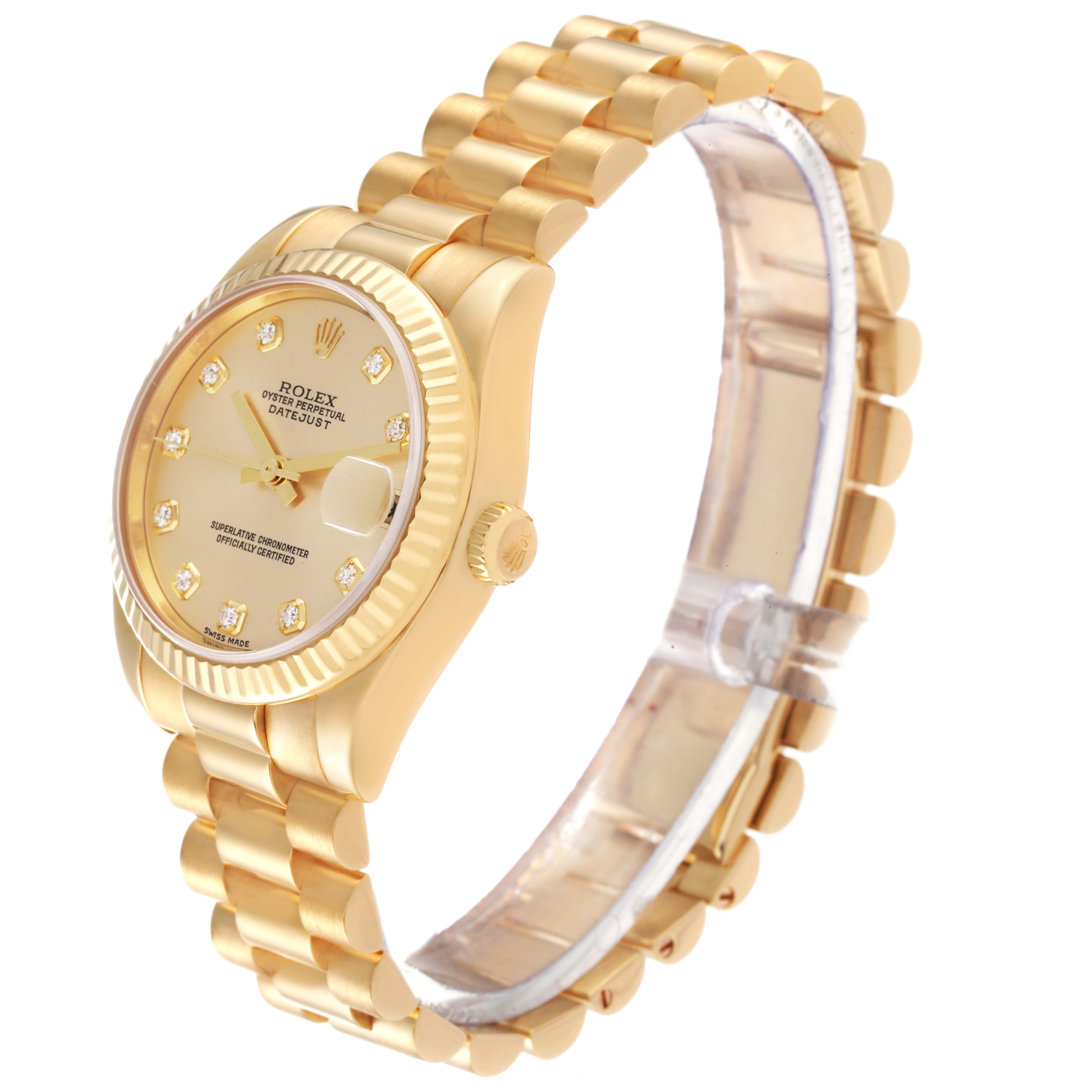 The image shows a Rolex President 178278 Women
s Yellow Gold Champagne Dial 178278 Women
s Yellow Gold Champagne Dial model watch from a side angle, showcasing the dial, bezel, crown, and bracelet.