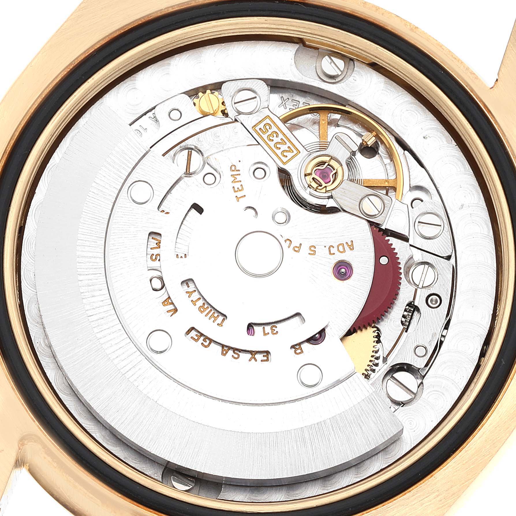 This image shows the internal mechanism of a Rolex President 178278 Women
s Yellow Gold Champagne Dial 178278 Women
s Yellow Gold Champagne Dial model watch viewed from the back.