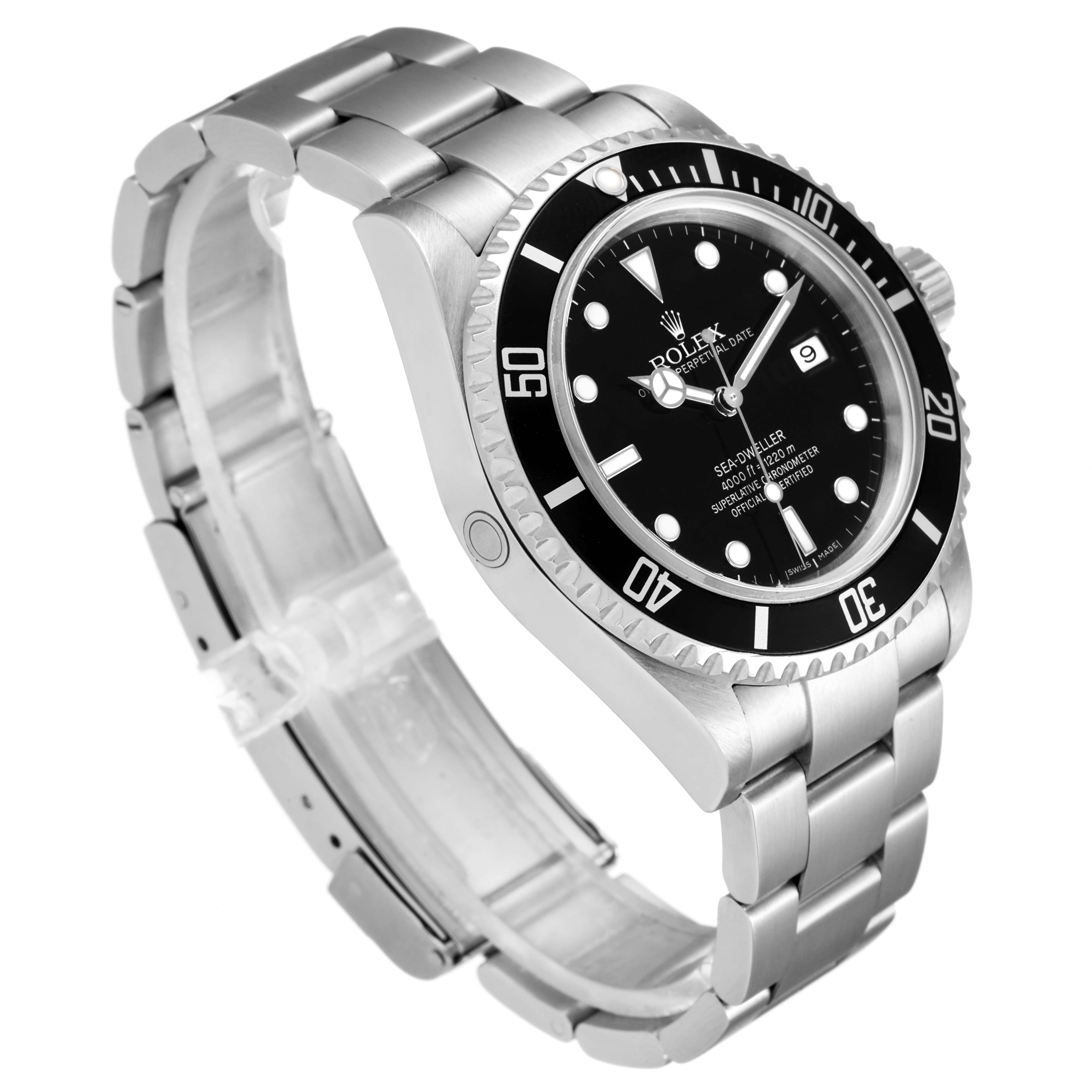 The image shows a three-quarter angle view of the Rolex Sea-Dweller 16600 Men
s Stainless Steel Black Dial 16600 Men
s Stainless Steel Black Dial watch, highlighting its dial, bezel, and bracelet.