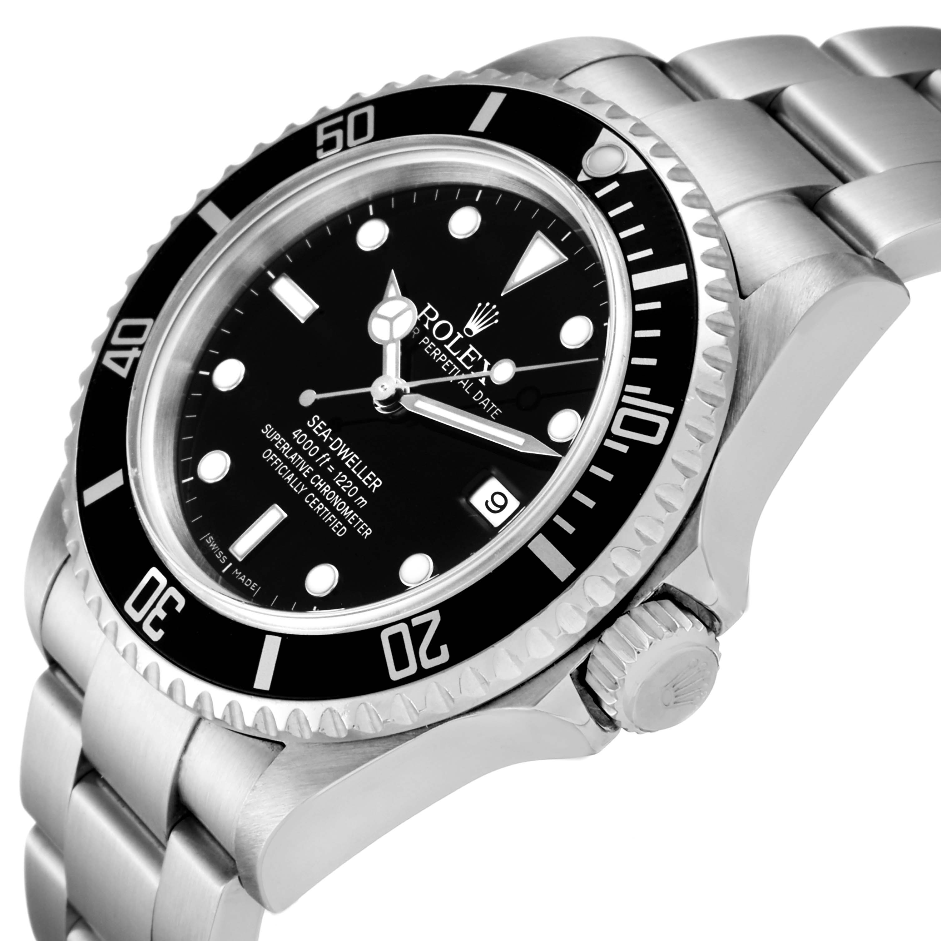 This image shows a Rolex Sea-Dweller 16600 Men
s Stainless Steel Black Dial 16600 Men
s Stainless Steel Black Dial watch at an angled view, displaying the dial, bezel, crown, and part of the stainless steel bracelet.