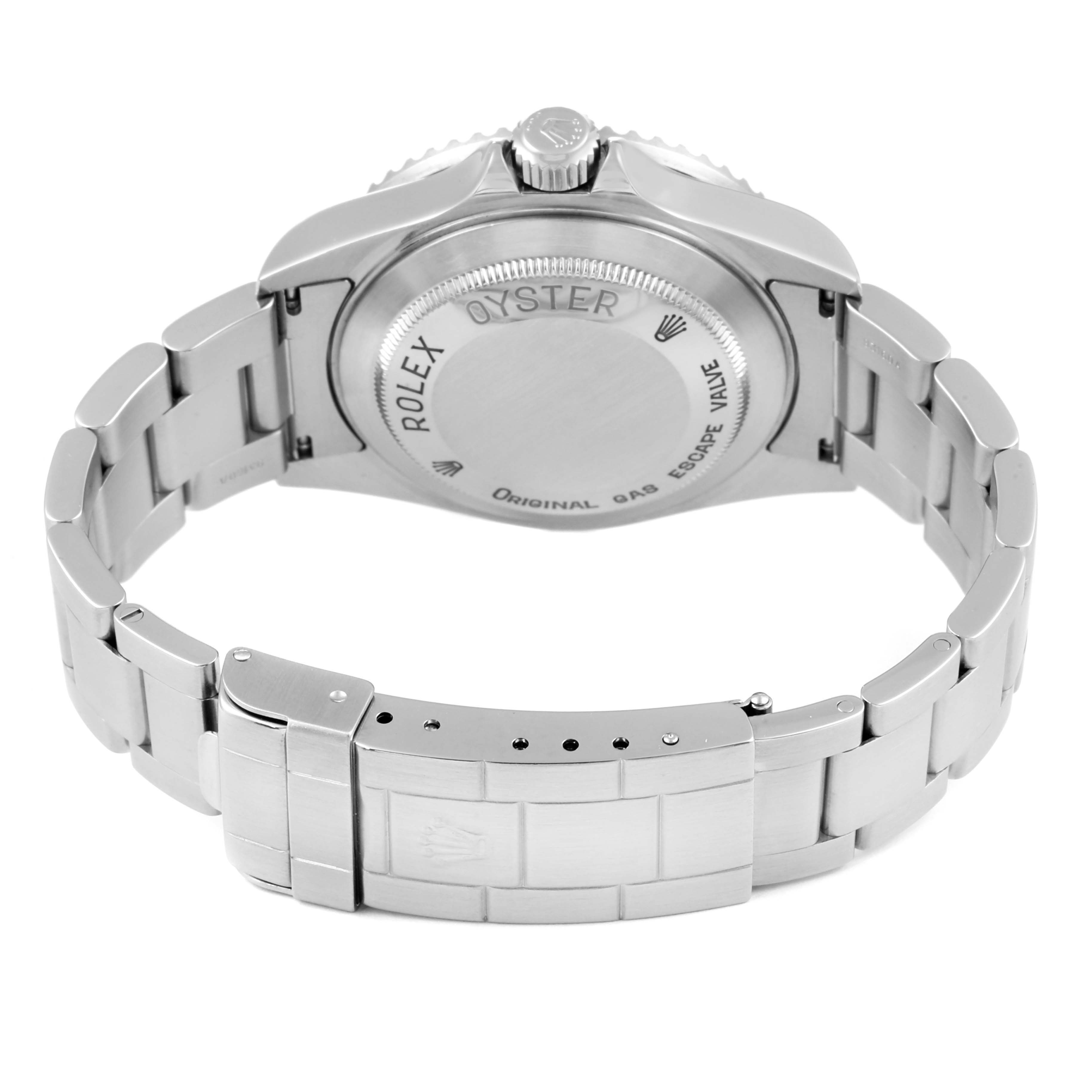 The image shows the back view of a Rolex Sea-Dweller 16600 Men
s Stainless Steel Black Dial 16600 Men
s Stainless Steel Black Dial watch, highlighting the case back and bracelet.