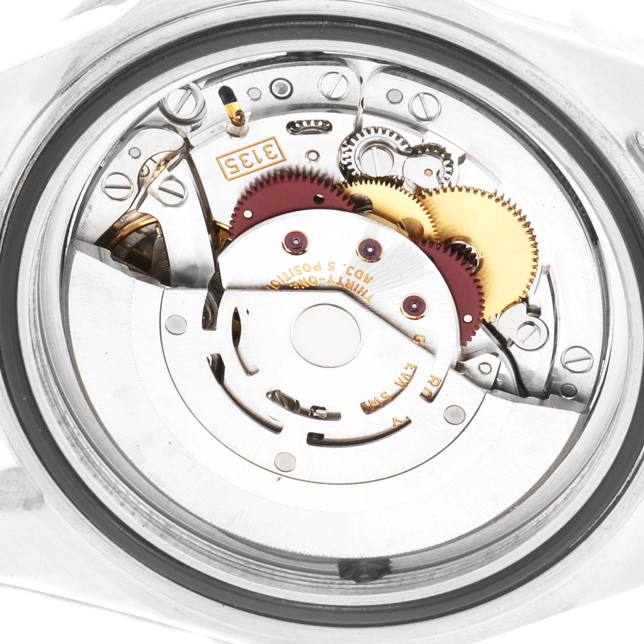 This is a close-up image focusing on the intricate internal mechanical components of a Rolex Sea-Dweller 16600 Men
s Stainless Steel Black Dial 16600 Men
s Stainless Steel Black Dial watch.