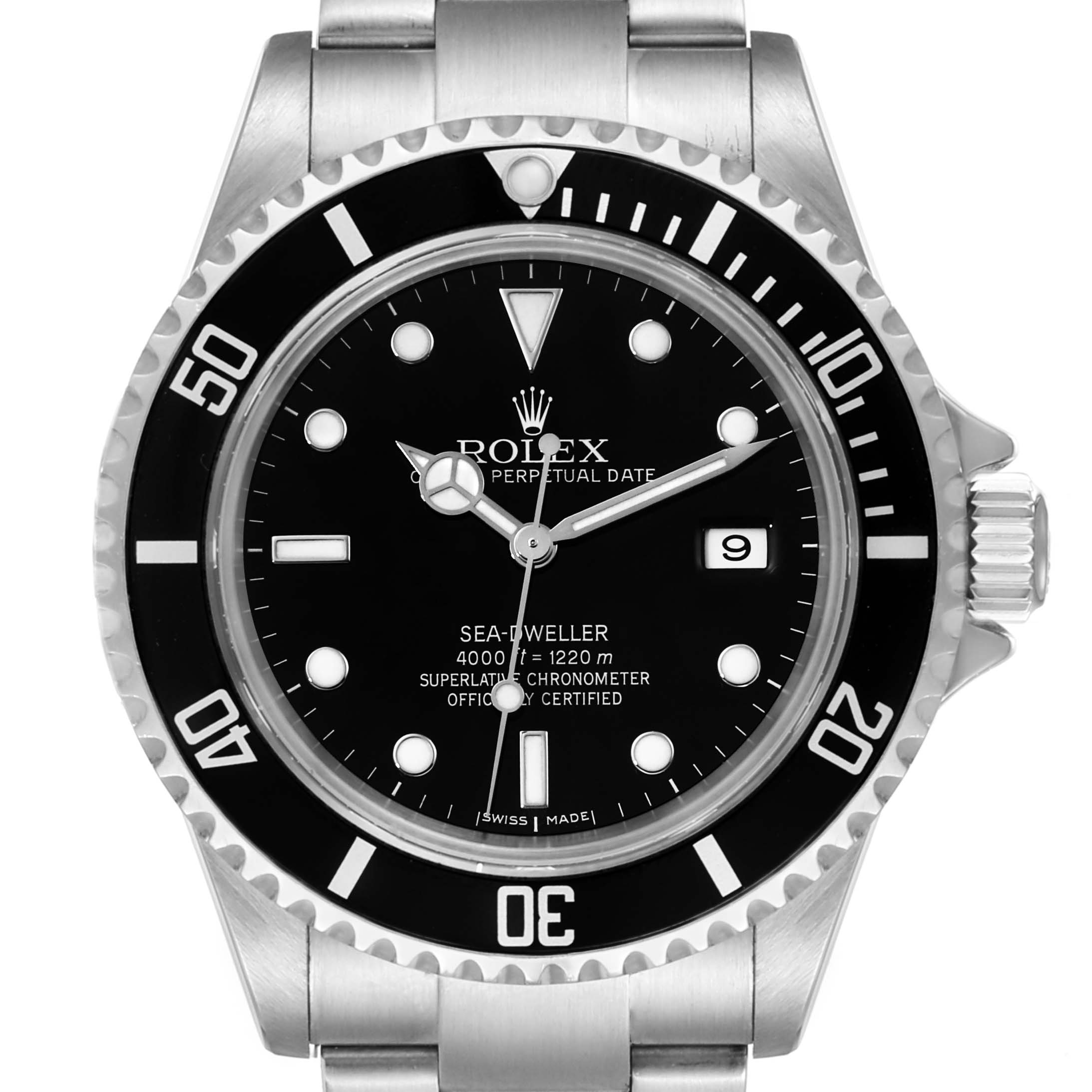 The image shows a frontal view of the Rolex Sea-Dweller 16600 Men
s Stainless Steel Black Dial 16600 Men
s Stainless Steel Black Dial, highlighting the bezel, dial, hands, markers, and crown.