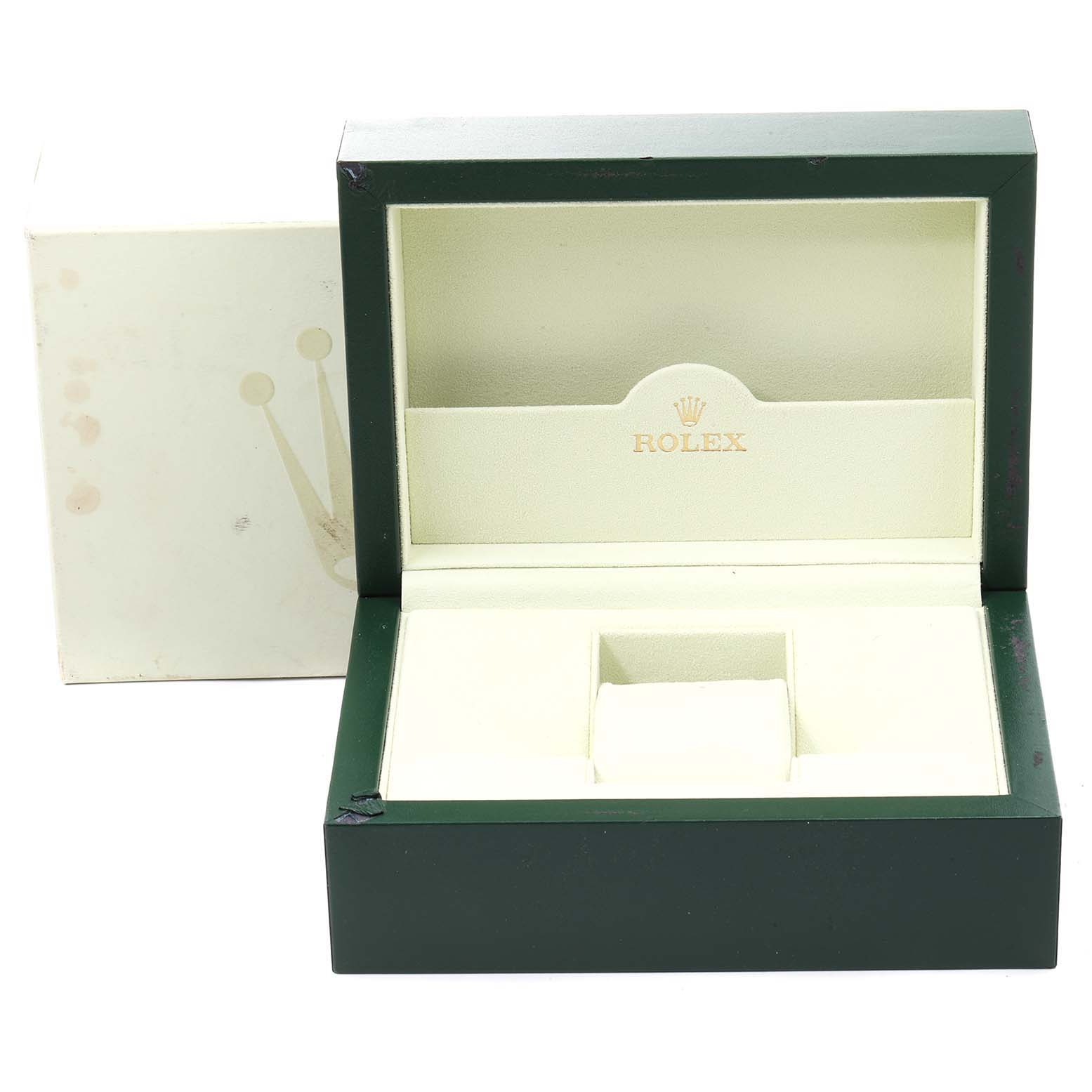 The image shows an open green and beige Rolex Sea-Dweller 16600 Men
s Stainless Steel Black Dial 16600 Men
s Stainless Steel Black Dial watch box with Rolex branding inside.