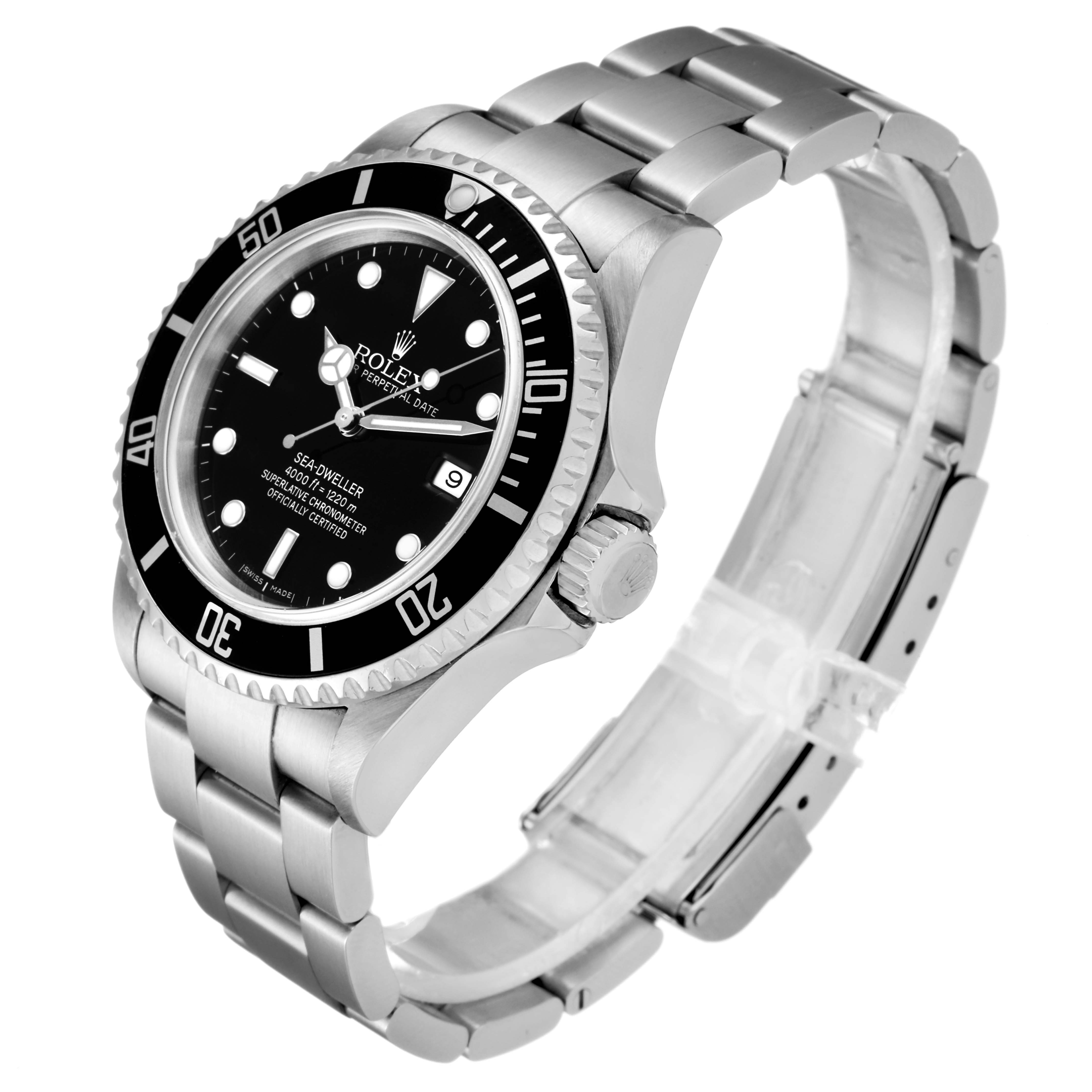 The Rolex Sea-Dweller 16600 Men
s Stainless Steel Black Dial 16600 Men
s Stainless Steel Black Dial watch is shown at a three-quarter angle, highlighting the bezel, dial, crown, and metal bracelet.