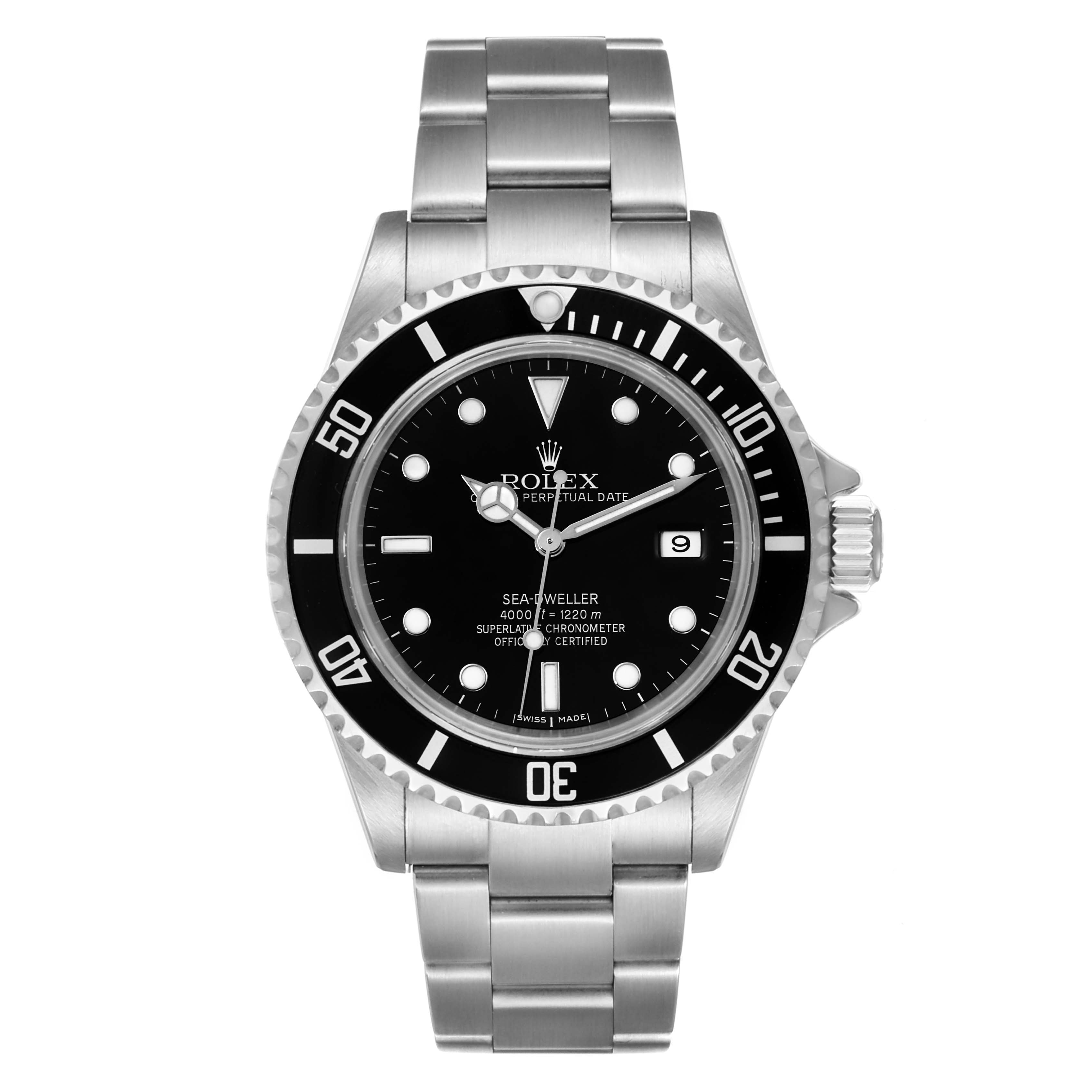 The image shows a front view of a Rolex Sea-Dweller 16600 Men
s Stainless Steel Black Dial 16600 Men
s Stainless Steel Black Dial watch, displaying the dial, bezel, and bracelet.
