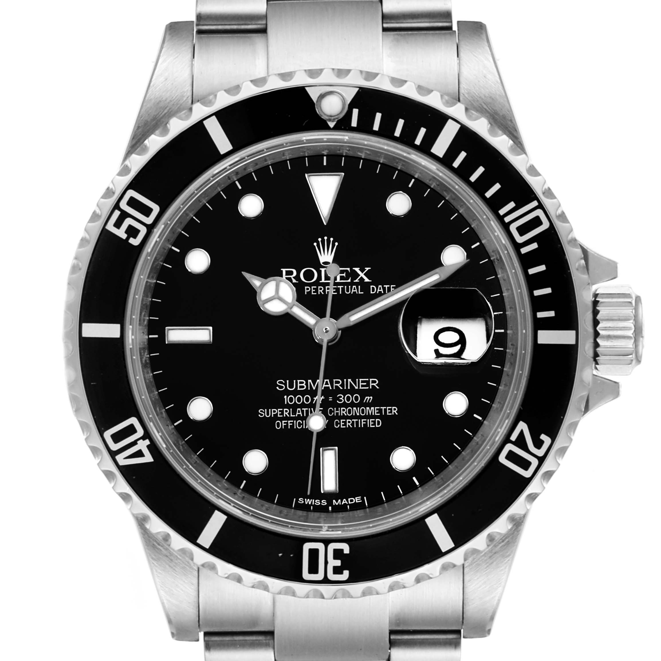 This image shows a front view of a Rolex Submariner 16610 Men
s Stainless Steel Black Dial 16610 Men
s Stainless Steel Black Dial watch, highlighting its dial, bezel, and stainless steel bracelet.