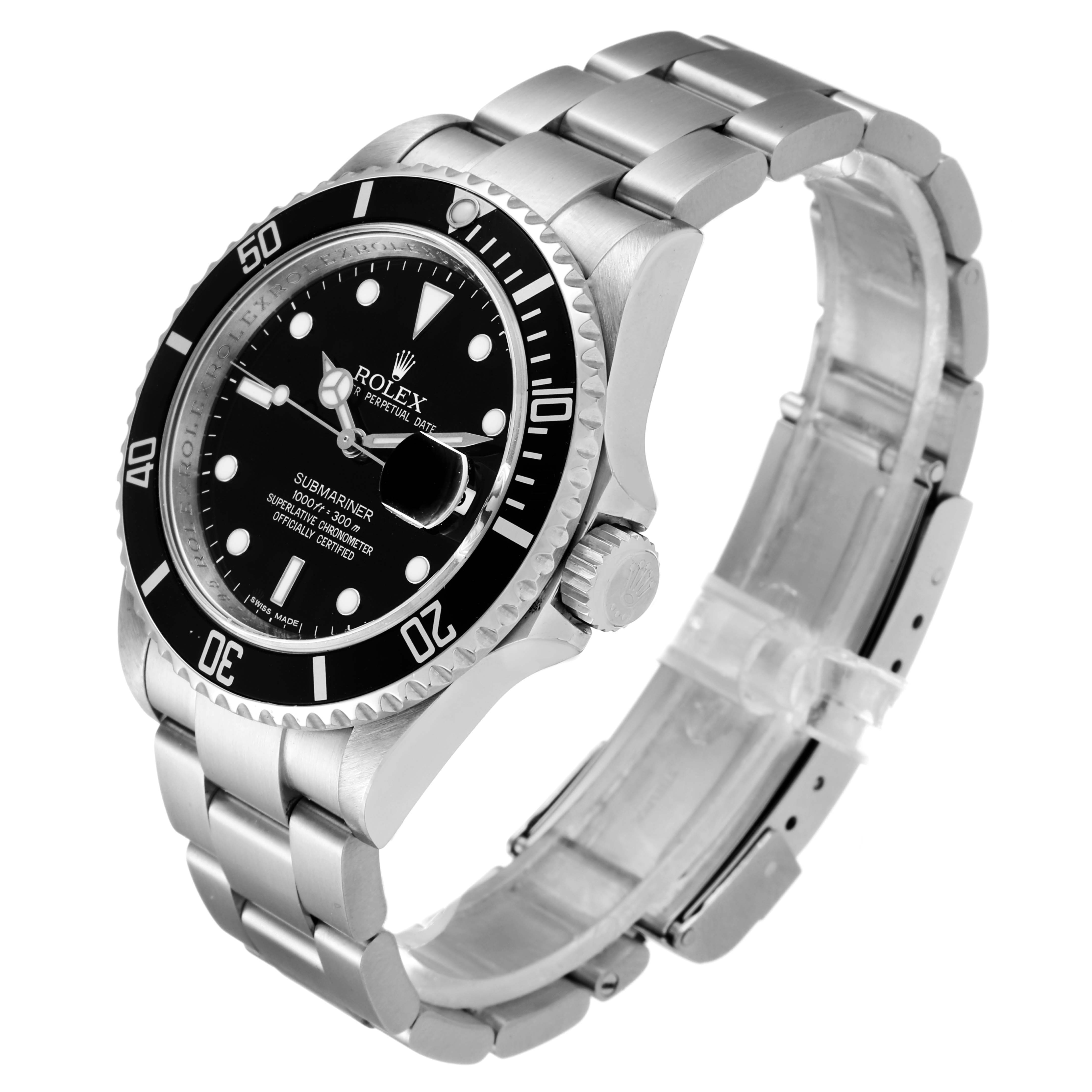 The image shows a Rolex Submariner 16610 Men
s Stainless Steel Black Dial 16610 Men
s Stainless Steel Black Dial watch at a three-quarter angle, displaying the watch face, bezel, crown, and part of the bracelet.