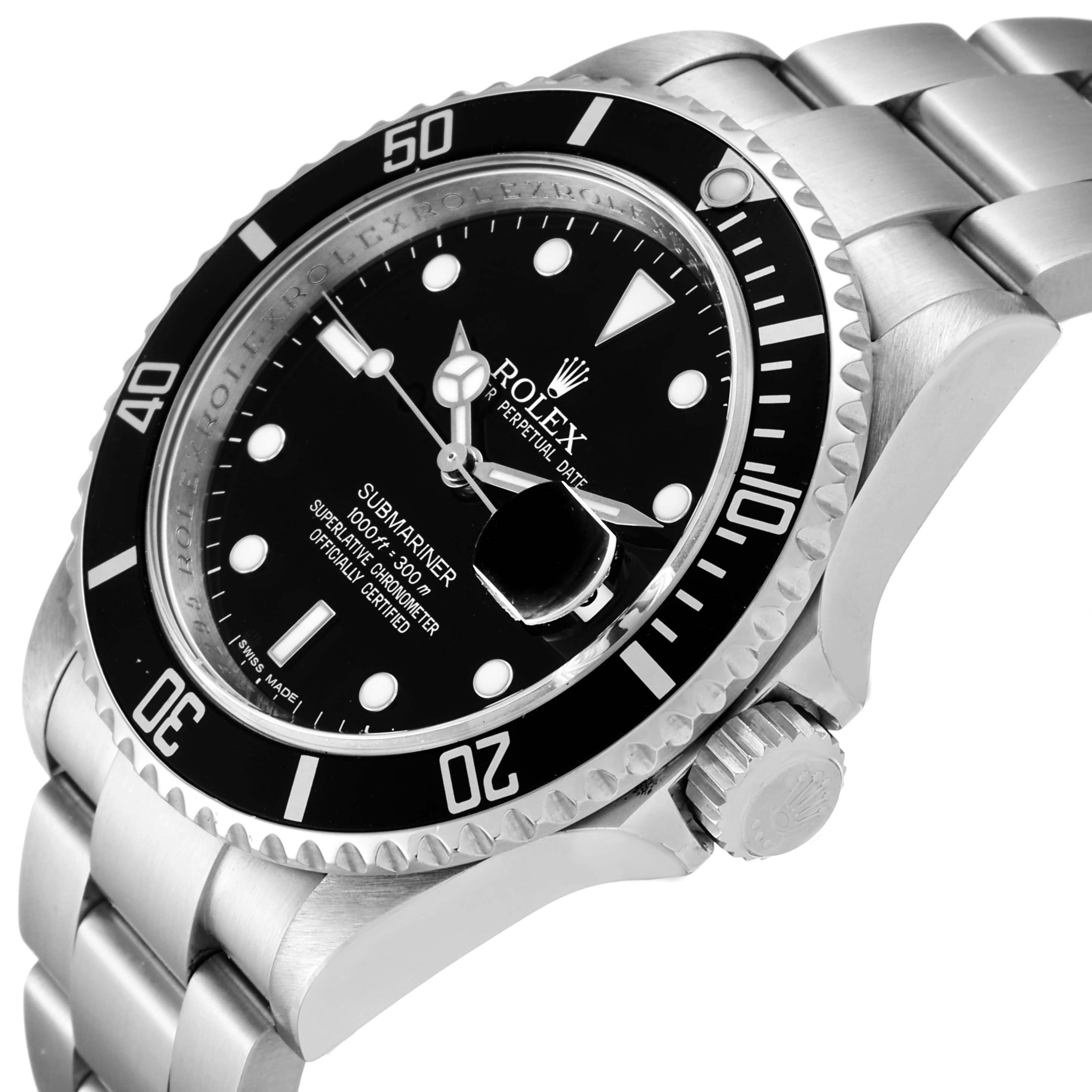 The image shows a close-up, angled view of a Rolex Submariner 16610 Men
s Stainless Steel Black Dial 16610 Men
s Stainless Steel Black Dial watch, highlighting the face, bezel, and part of the bracelet.