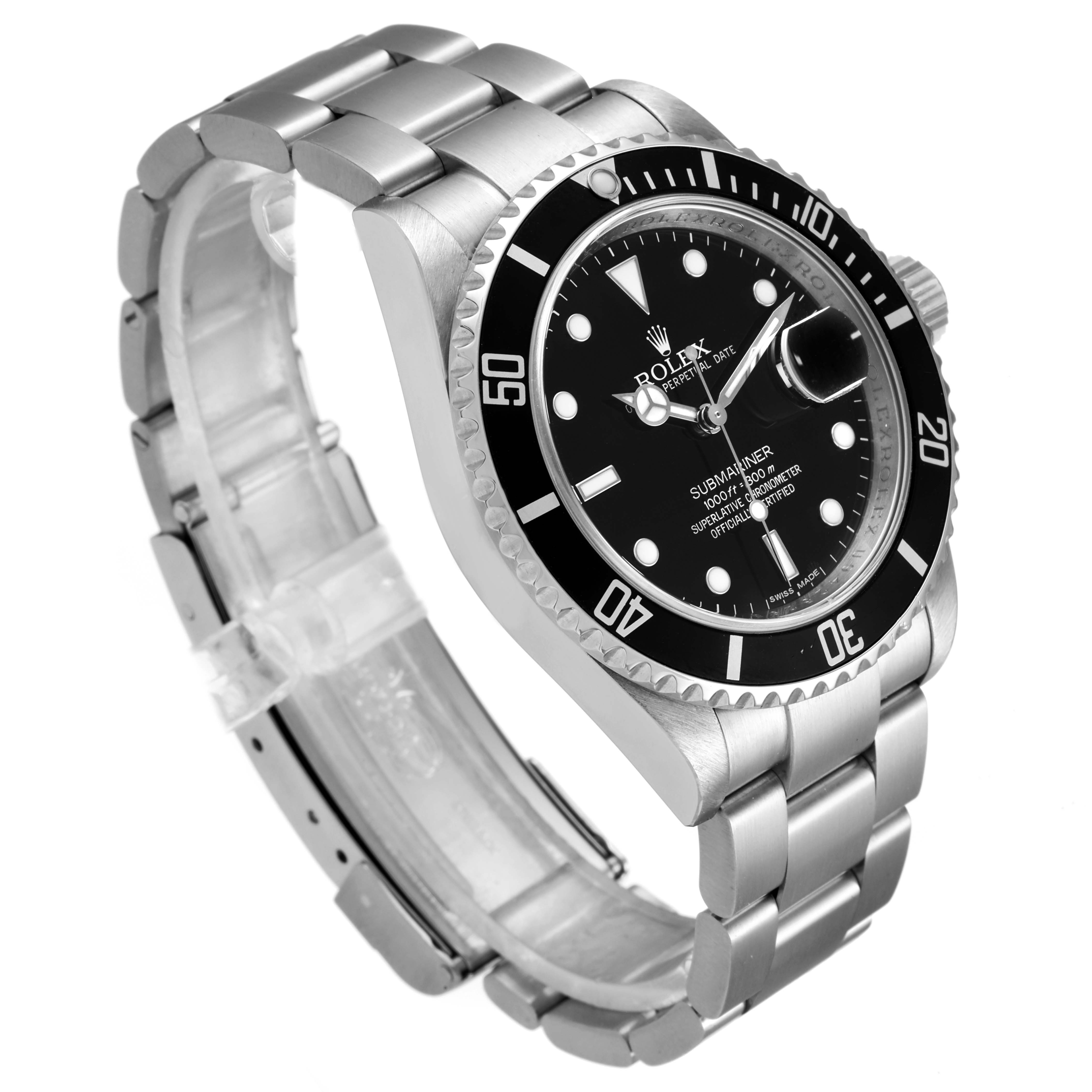 The Rolex Submariner 16610 Men
s Stainless Steel Black Dial 16610 Men
s Stainless Steel Black Dial watch is shown at an oblique angle, displaying the face, bezel, crown, and part of the metal bracelet.