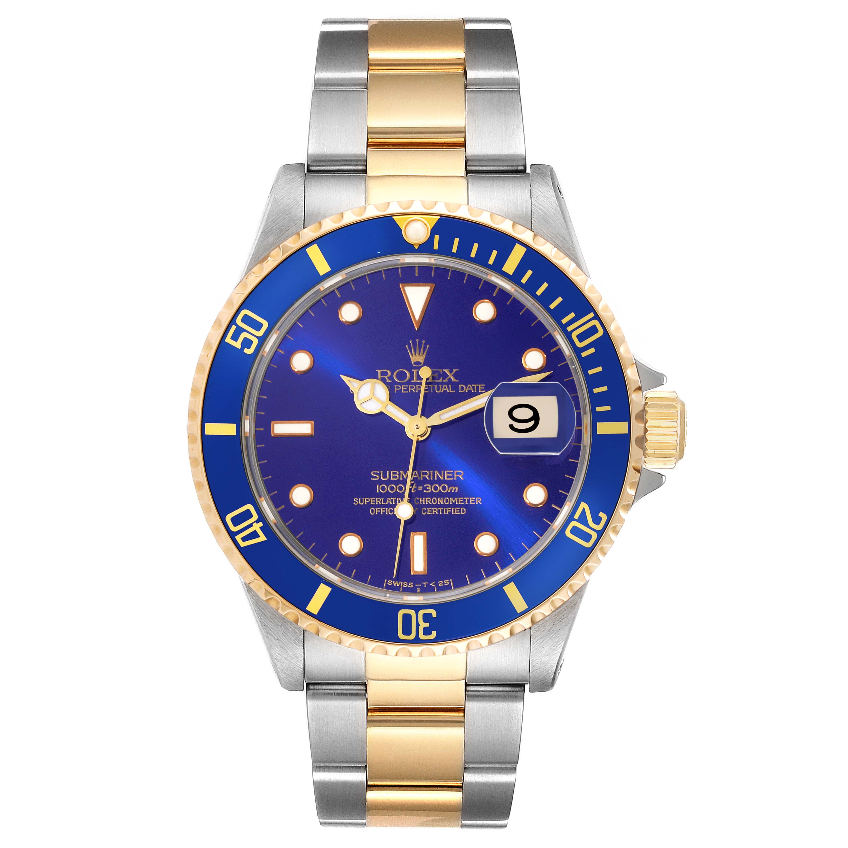 This Rolex Submariner 16613 Men's Steel and Gold (two tone) Blue Dial 16613 Men's Steel and Gold (two tone) Blue Dial watch is shown from a frontal angle, highlighting the dial, bezel, and bracelet.