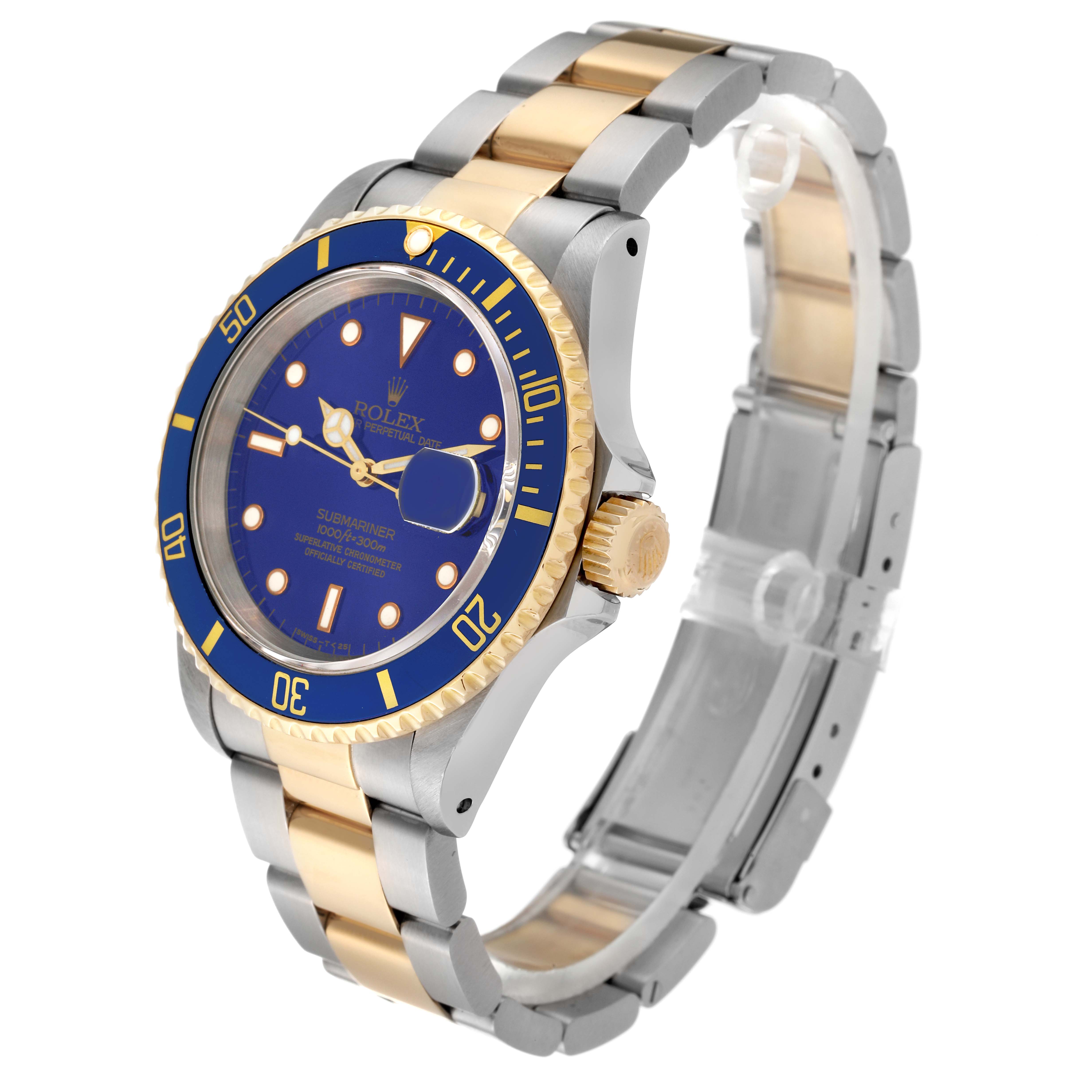 The image shows a Rolex Submariner 16613 Men's Steel and Gold (two tone) Blue Dial 16613 Men's Steel and Gold (two tone) Blue Dial watch from a three-quarter angled view, highlighting the dial, bezel, crown, and bracelet.