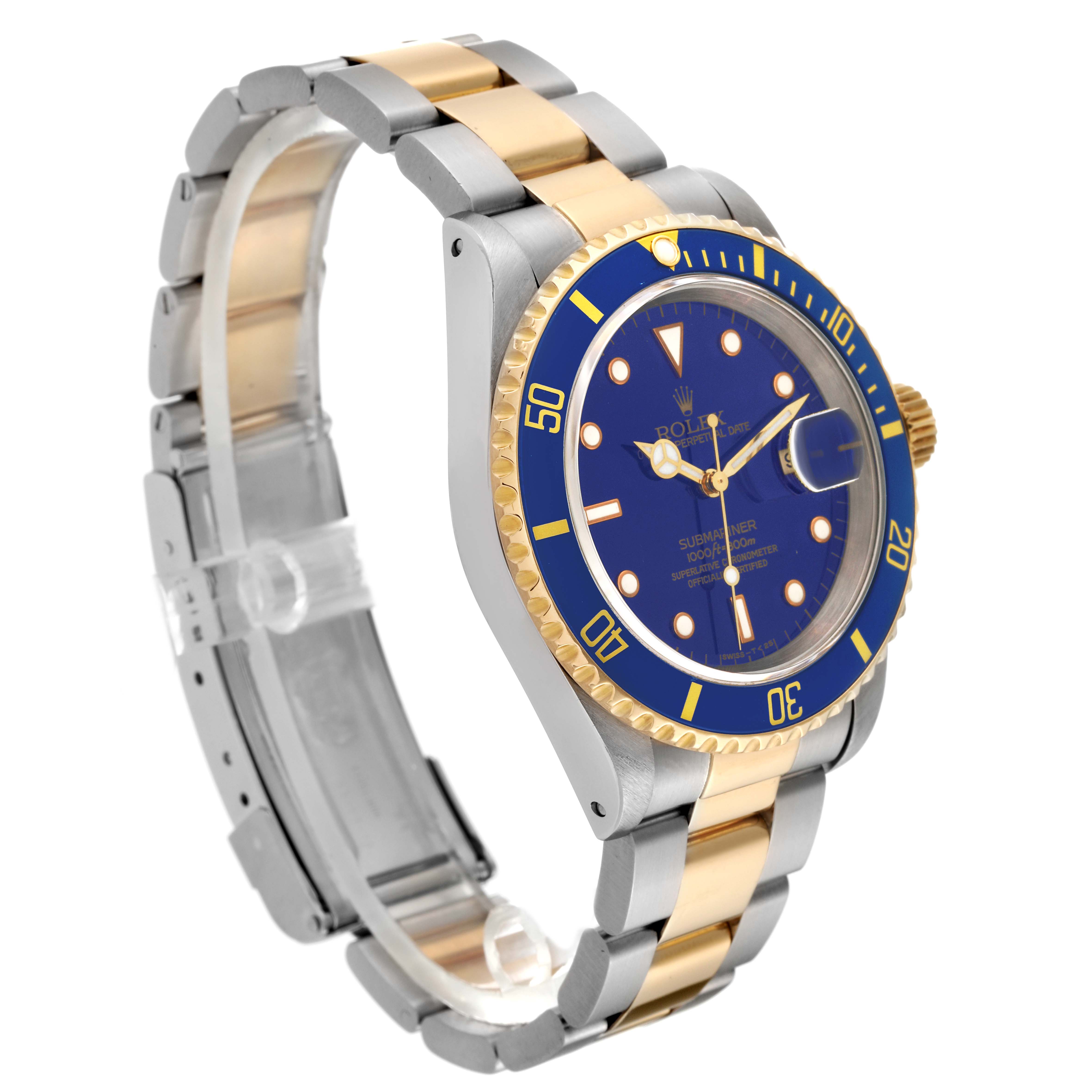 The image shows a side view of the Rolex Submariner 16613 Men's Steel and Gold (two tone) Blue Dial 16613 Men's Steel and Gold (two tone) Blue Dial model, highlighting its blue and gold bezel, dial, and two-tone metal bracelet.