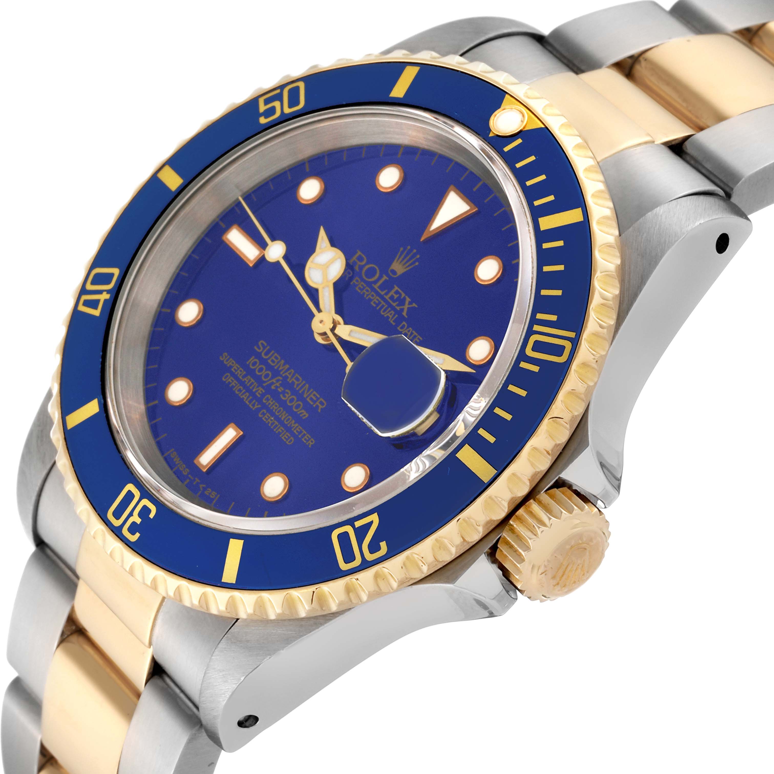 The angle shows the face and right side of the Rolex Submariner 16613 Men's Steel and Gold (two tone) Blue Dial 16613 Men's Steel and Gold (two tone) Blue Dial, highlighting its bezel, crown, and bracelet.