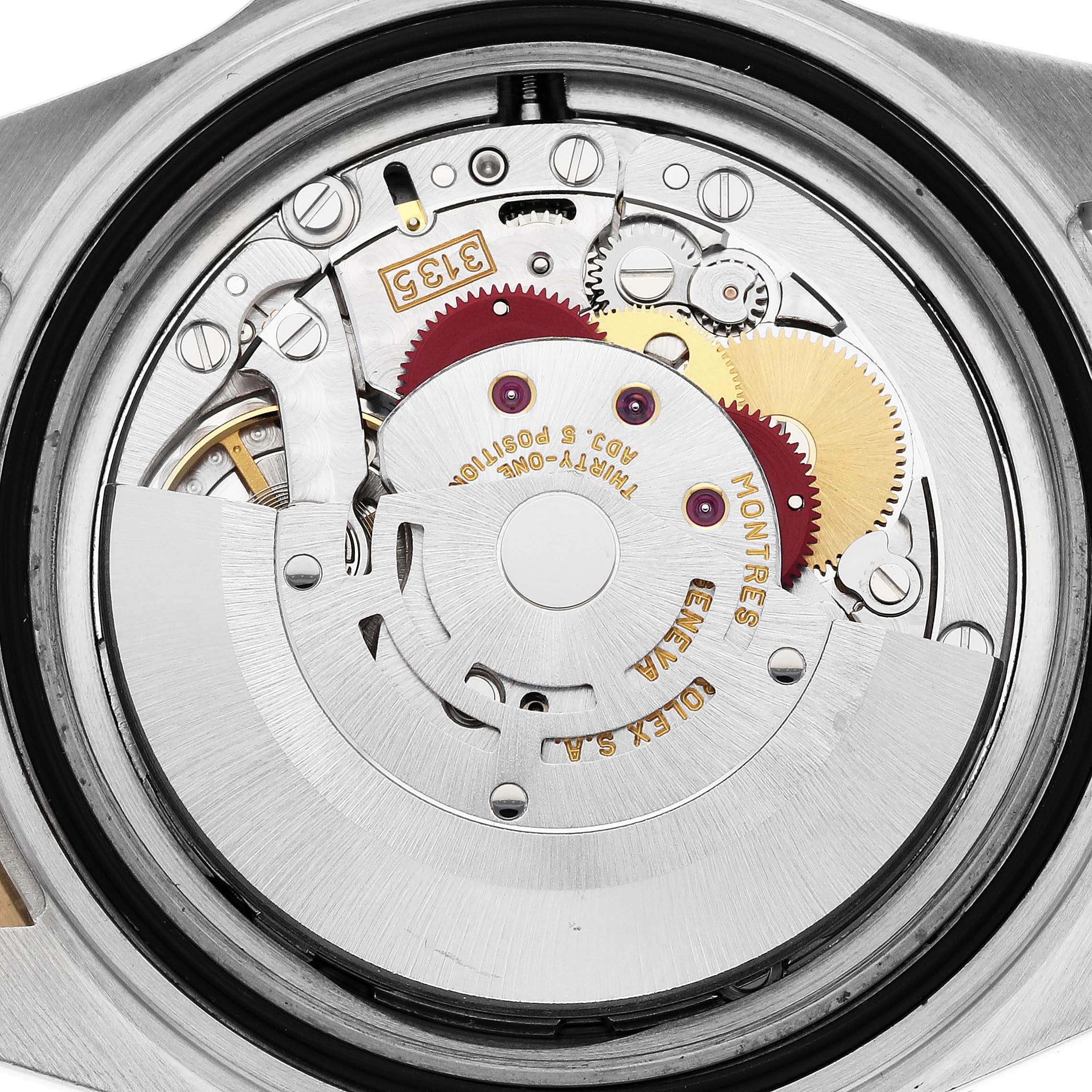 This image shows the internal movement and mechanisms of the Rolex Submariner 16613 Men's Steel and Gold (two tone) Blue Dial 16613 Men's Steel and Gold (two tone) Blue Dial watch from a back view angle.