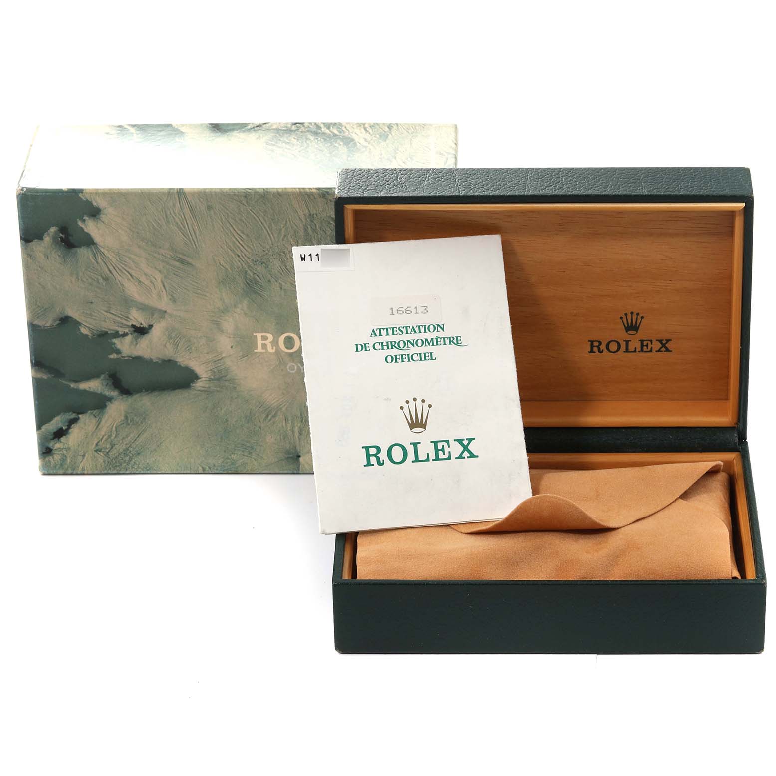 The image shows a Rolex Submariner 16613 Men's Steel and Gold (two tone) Blue Dial 16613 Men's Steel and Gold (two tone) Blue Dial model box with its official chronometer certification and interior cushion.