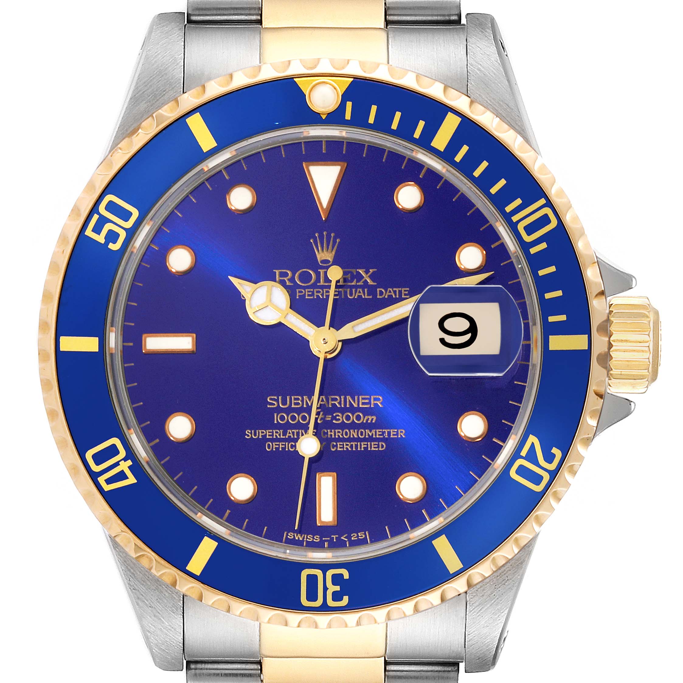 This image shows a Rolex Submariner 16613 Men's Steel and Gold (two tone) Blue Dial 16613 Men's Steel and Gold (two tone) Blue Dial watch from the front, highlighting the blue dial, date window, and two-tone bracelet.
