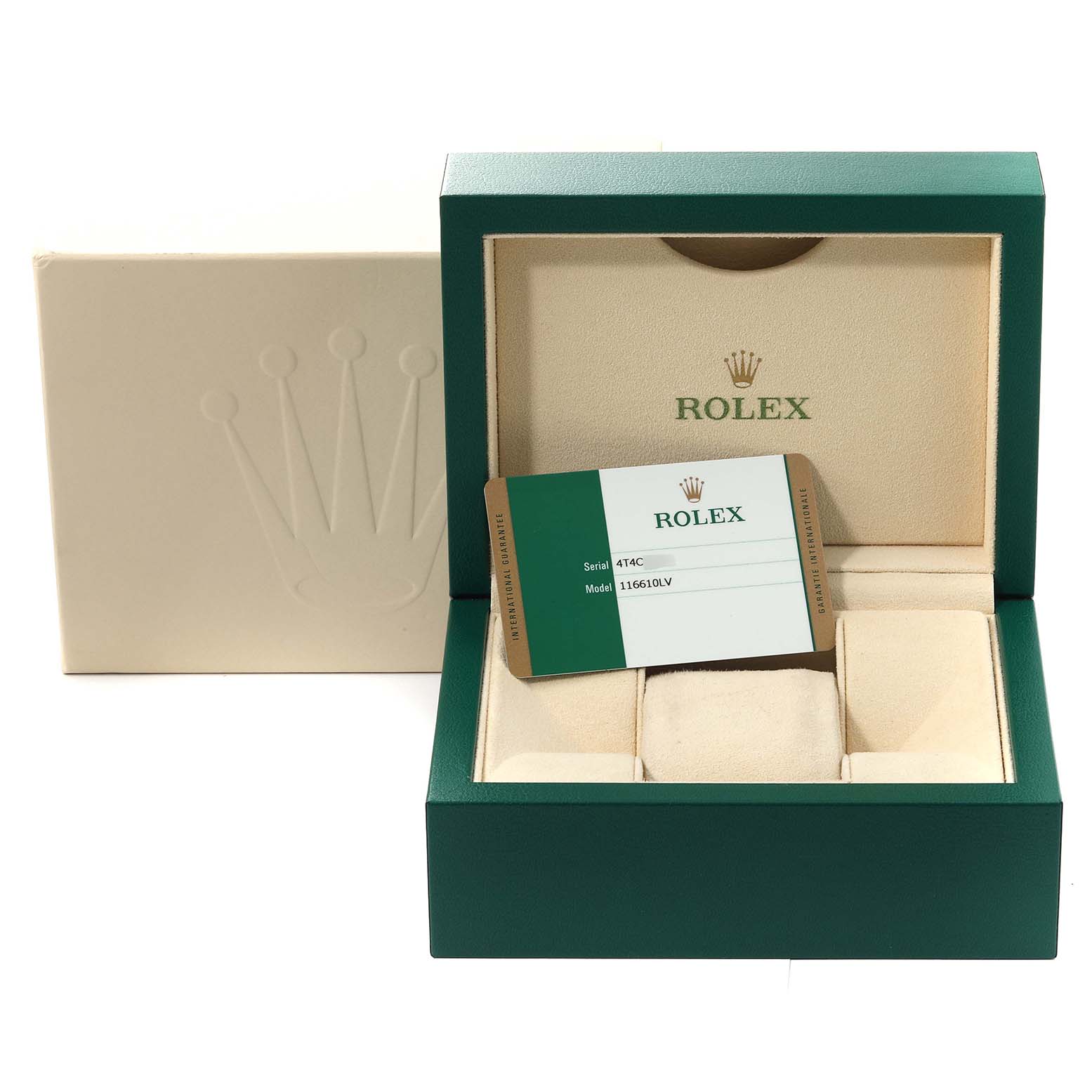 The image shows the open box of a Rolex Submariner 116610LV Men's Stainless Steel Green Dial 116610LV Men's Stainless Steel Green Dial watch, including the packaging and warranty card.
