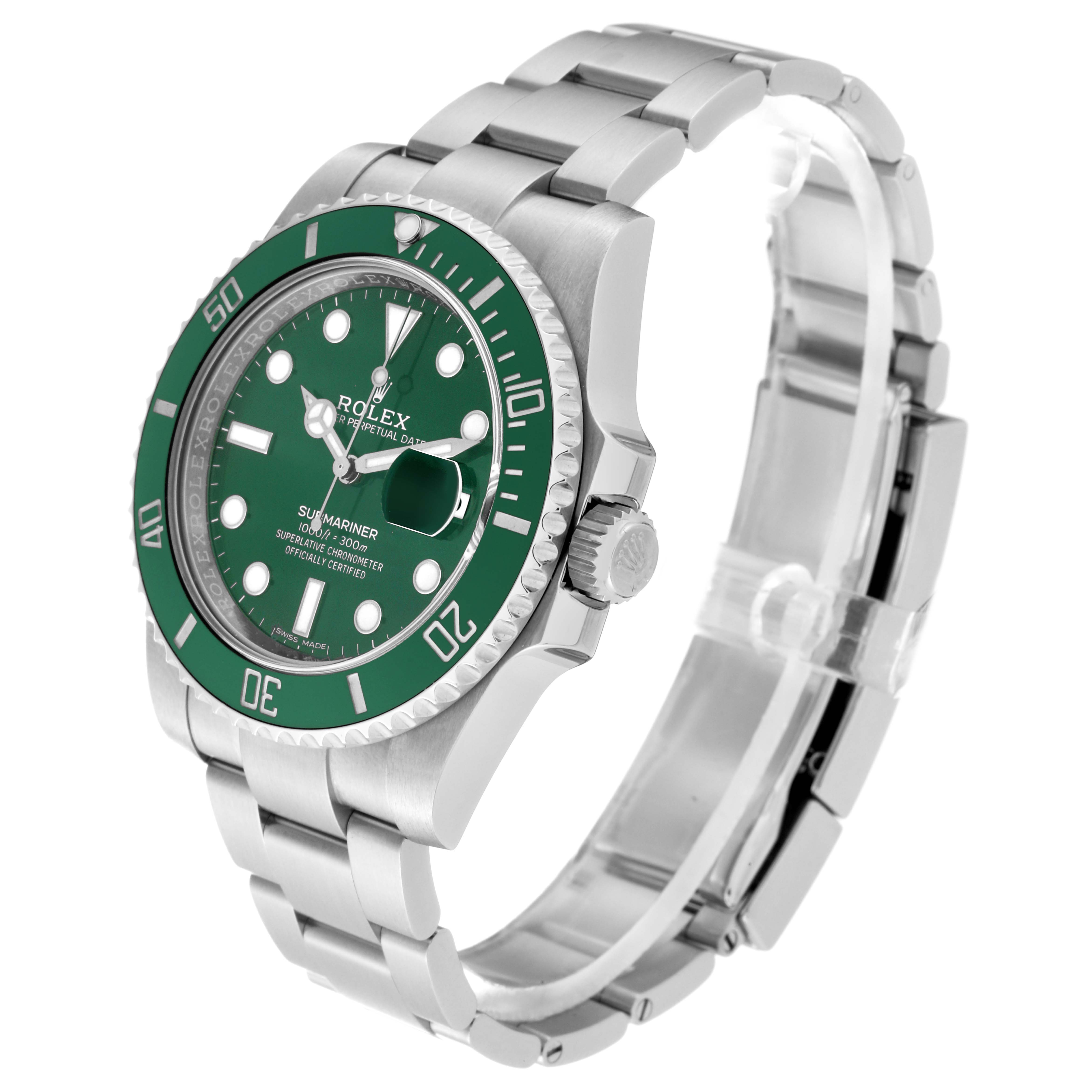 The Rolex Submariner 116610LV Men's Stainless Steel Green Dial 116610LV Men's Stainless Steel Green Dial watch is shown at an angle highlighting the green dial, bezel, case, and bracelet.