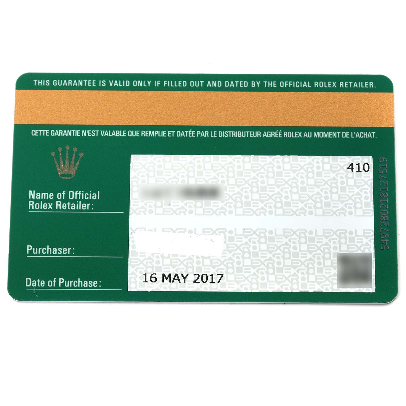 The image shows the guarantee card for a Rolex Submariner 116610LV Men's Stainless Steel Green Dial 116610LV Men's Stainless Steel Green Dial watch from an overhead angle.