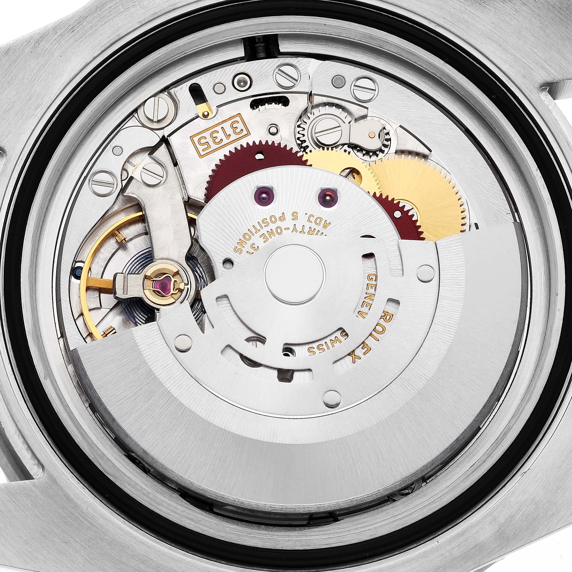 This image shows the internal mechanical movement of a Rolex Submariner 116610LV Men's Stainless Steel Green Dial 116610LV Men's Stainless Steel Green Dial watch, viewed from the back.