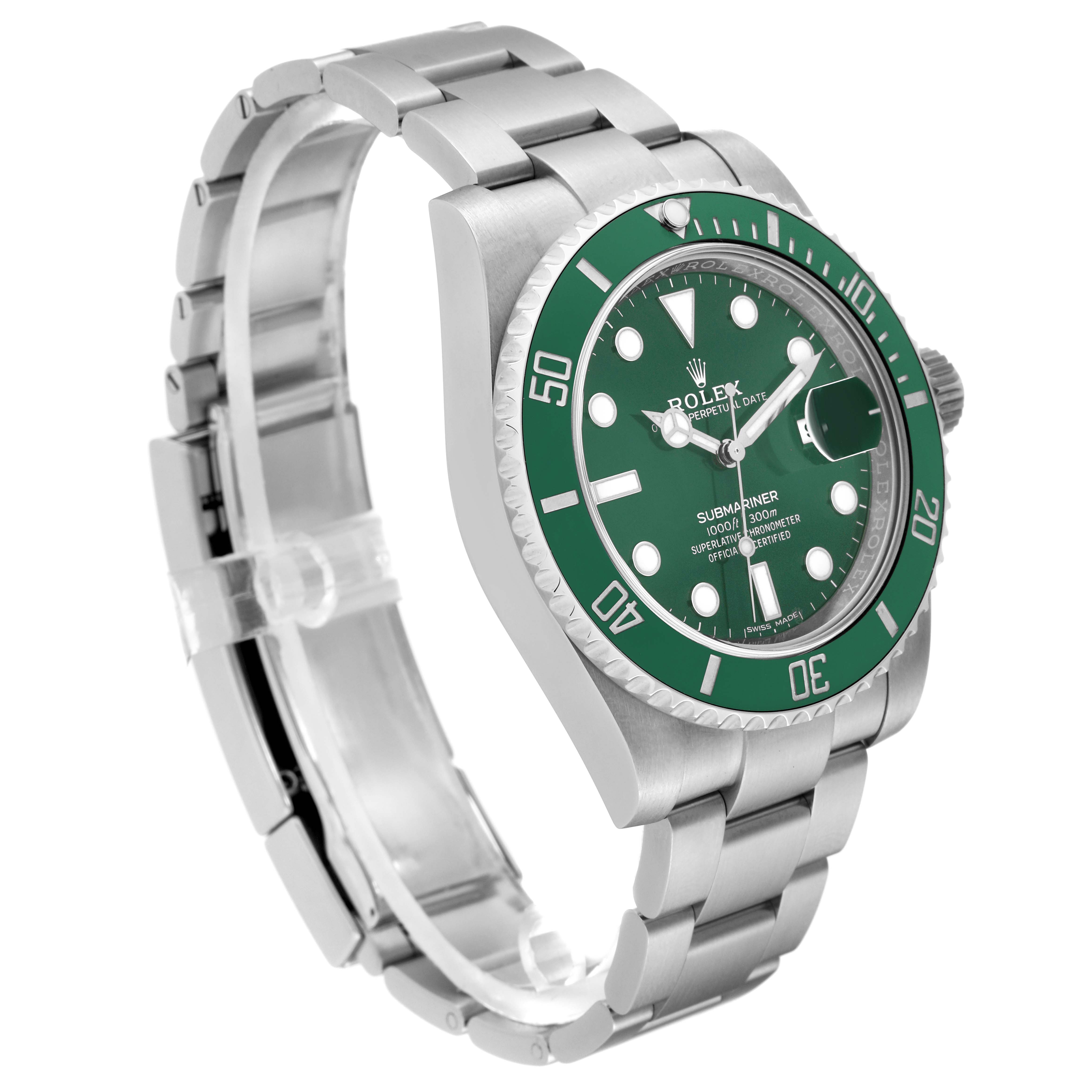 The image shows a side angle of a Rolex Submariner 116610LV Men's Stainless Steel Green Dial 116610LV Men's Stainless Steel Green Dial watch with a green dial and bezel and a silver metal bracelet.