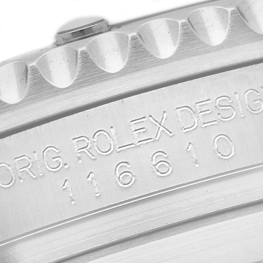 Close-up shot of the Rolex Submariner 116610LV Men's Stainless Steel Green Dial 116610LV Men's Stainless Steel Green Dial model 116610 case side, showing the bezel and engraved branding.