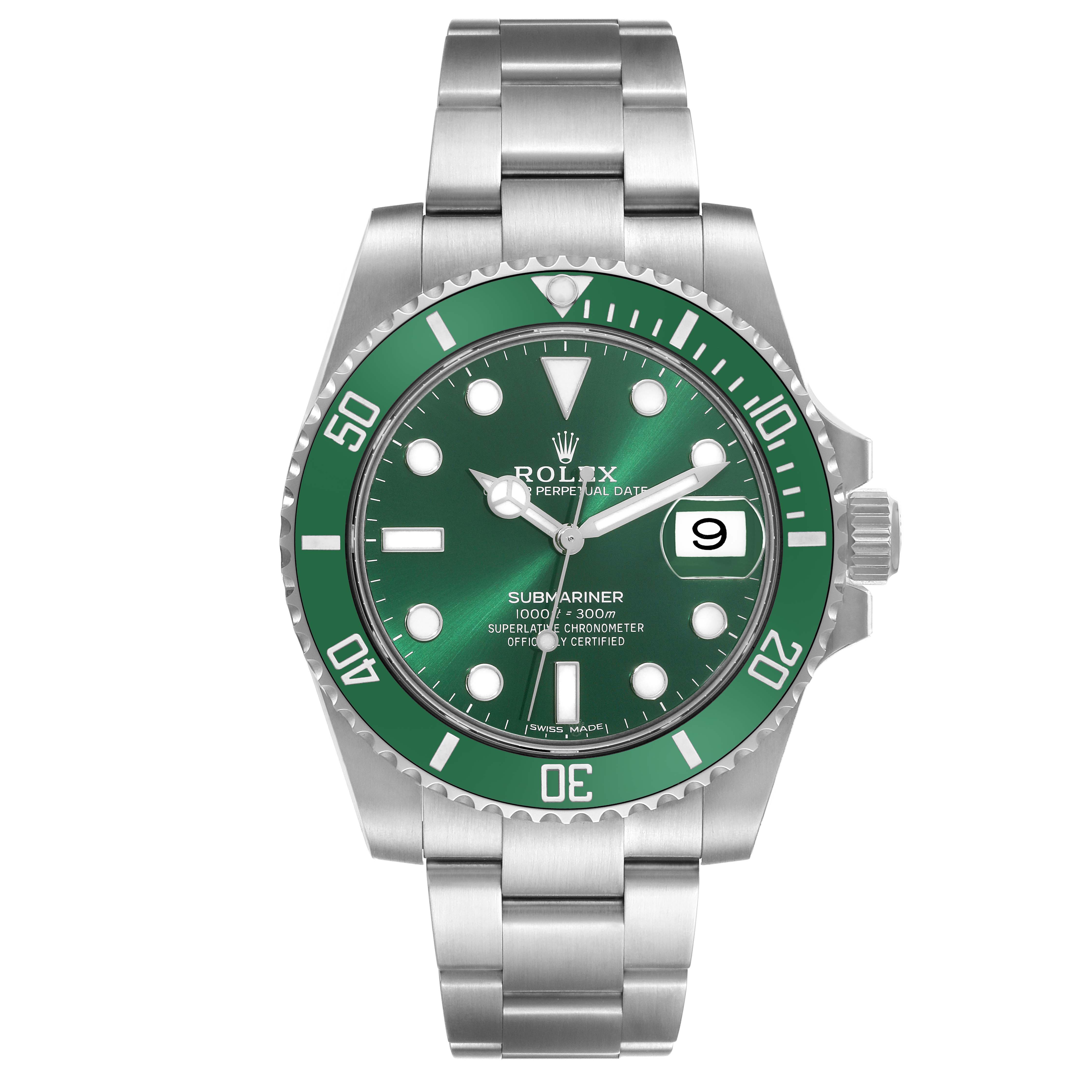 The image shows a Rolex Submariner 116610LV Men's Stainless Steel Green Dial 116610LV Men's Stainless Steel Green Dial watch, front view, with a green bezel and dial, and a stainless steel bracelet.