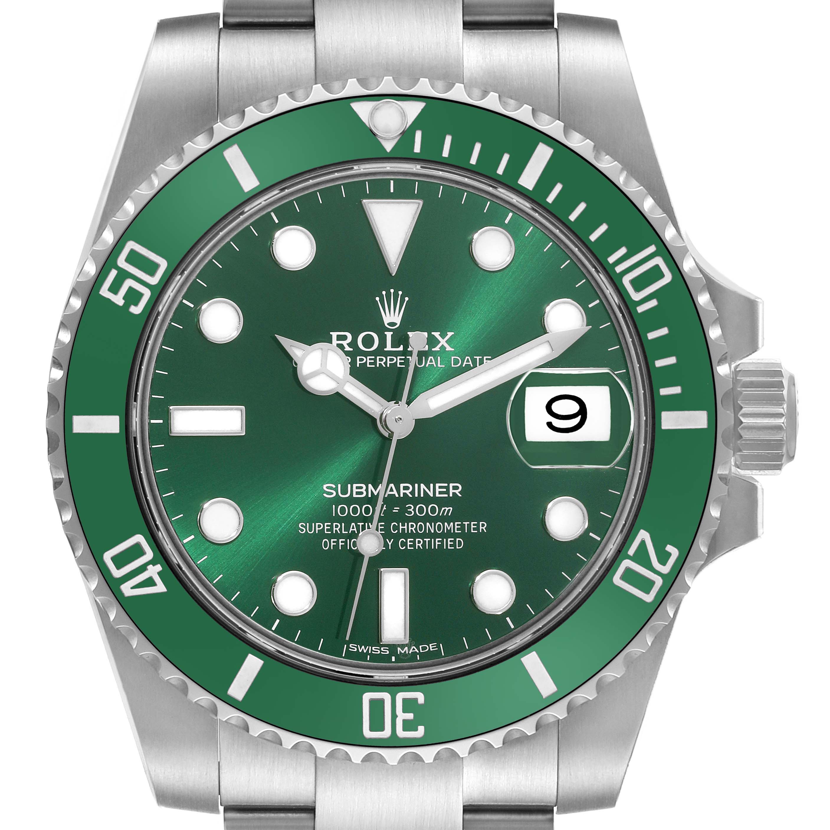 The image shows a front view of a Rolex Submariner 116610LV Men's Stainless Steel Green Dial 116610LV Men's Stainless Steel Green Dial watch, highlighting the green dial, bezel, and date window.