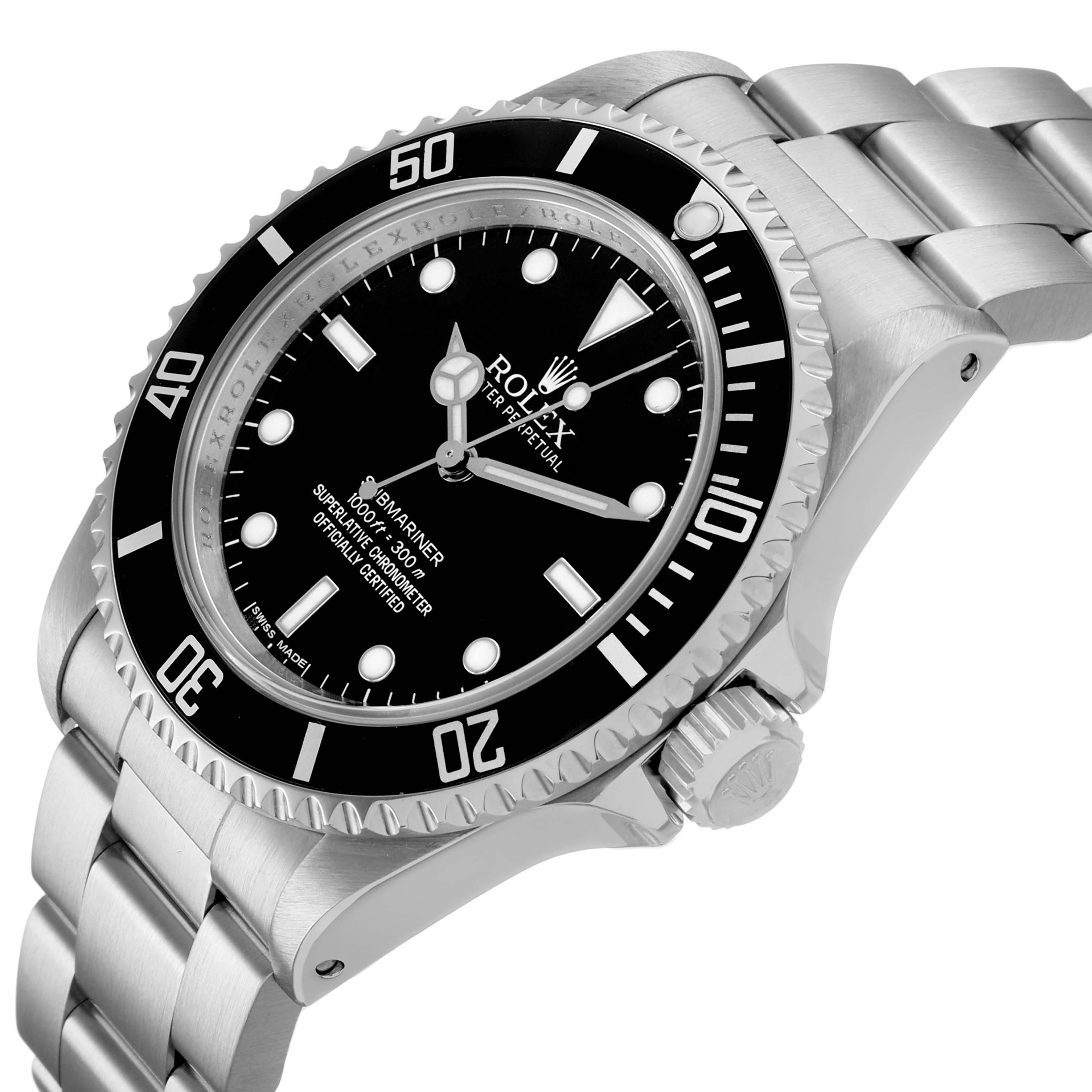 The image shows a Rolex Submariner 14060M Men's Stainless Steel Black Dial watch angled to highlight the black bezel and stainless steel bracelet.