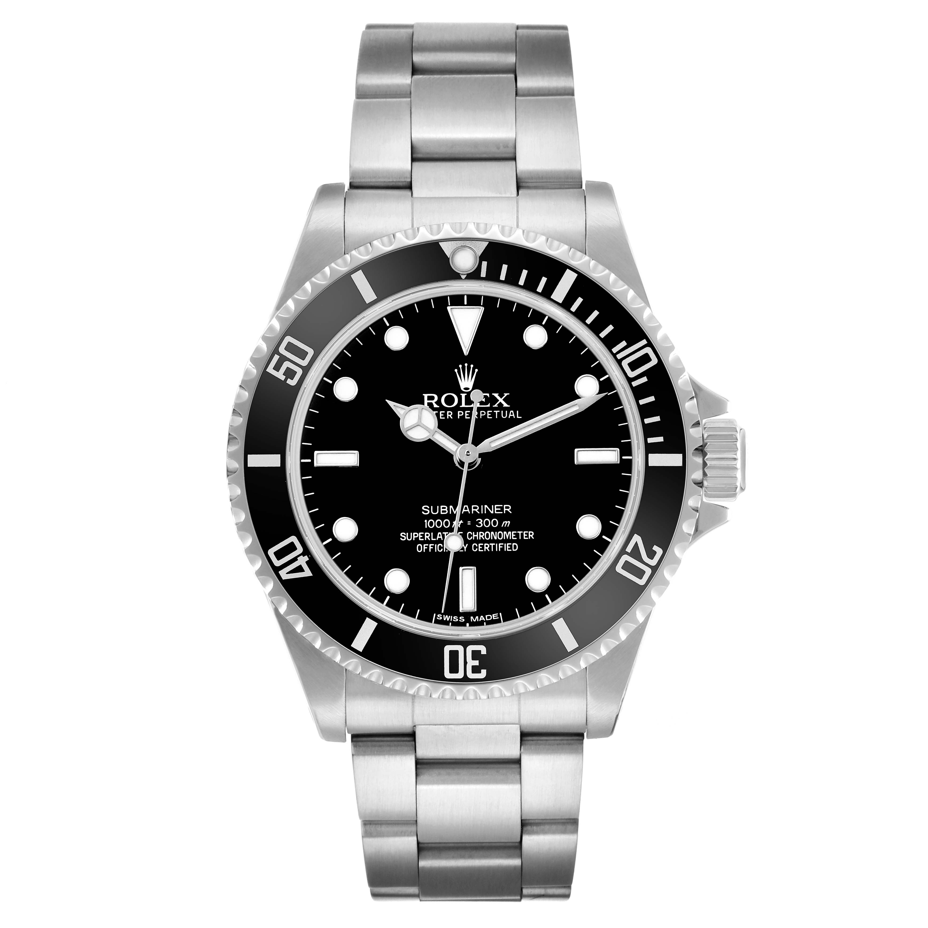 This Rolex Submariner 14060M Men's Stainless Steel Black Dial watch is shown from a top-down angle, displaying its face, bezel, and bracelet.