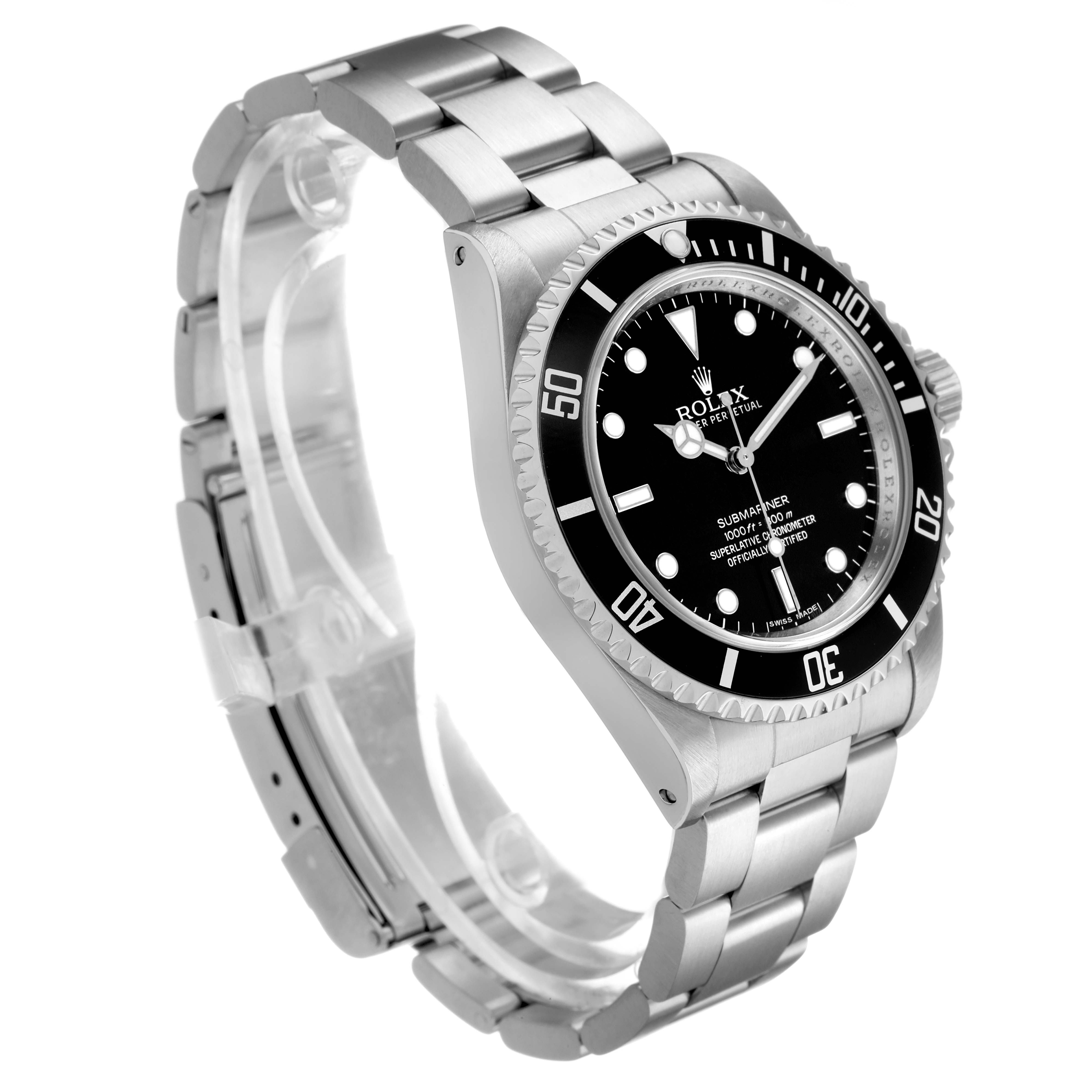 The Rolex Submariner 14060M Men's Stainless Steel Black Dial watch is shown at a three-quarter angle, highlighting the face, bezel, crown, and bracelet.