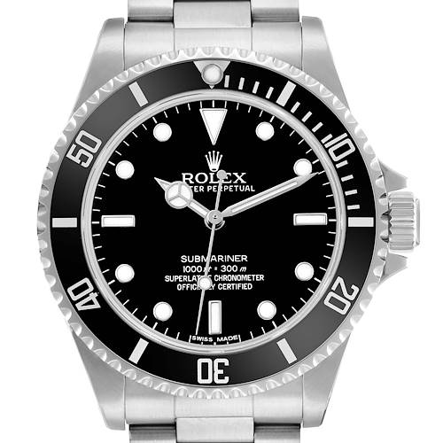 The Rolex Submariner 14060M Men's Stainless Steel Black Dial watch is shown from a front angle, displaying the dial, bezel, and crown.