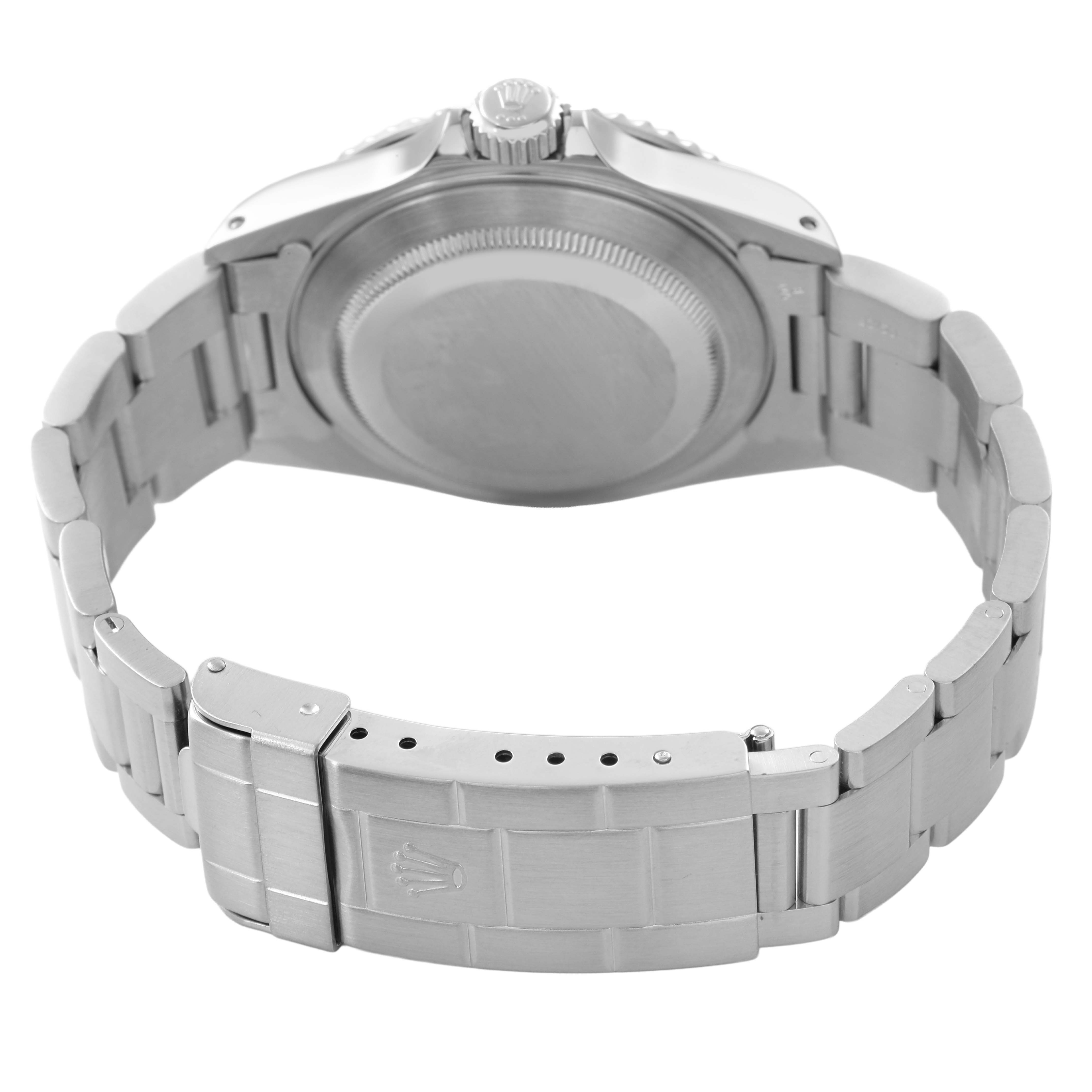 The image shows the back view of a Rolex Submariner 14060M Men's Stainless Steel Black Dial, highlighting its case back, bracelet, and clasp.