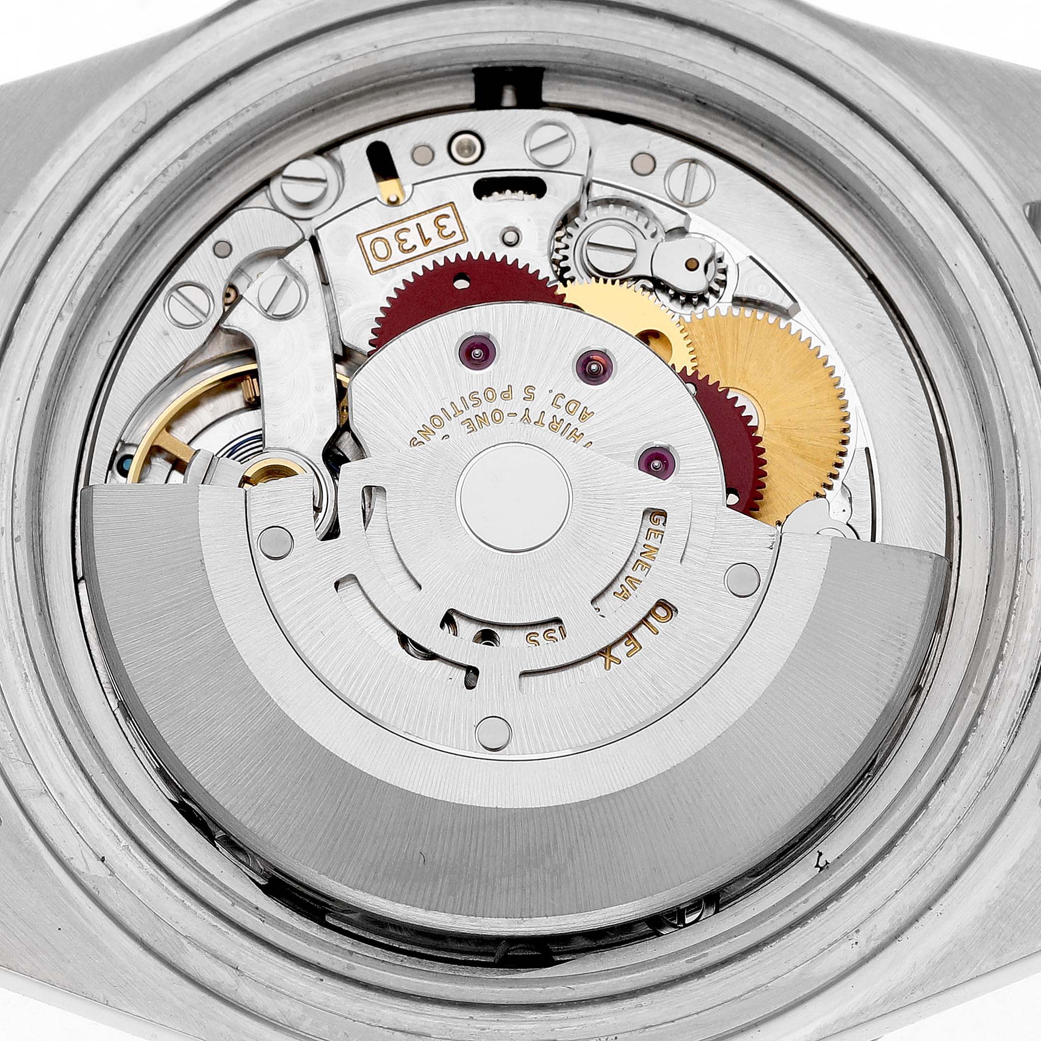 The image shows the movement mechanism of a Rolex Submariner 14060M Men's Stainless Steel Black Dial watch from the back with visible gears and rotor.