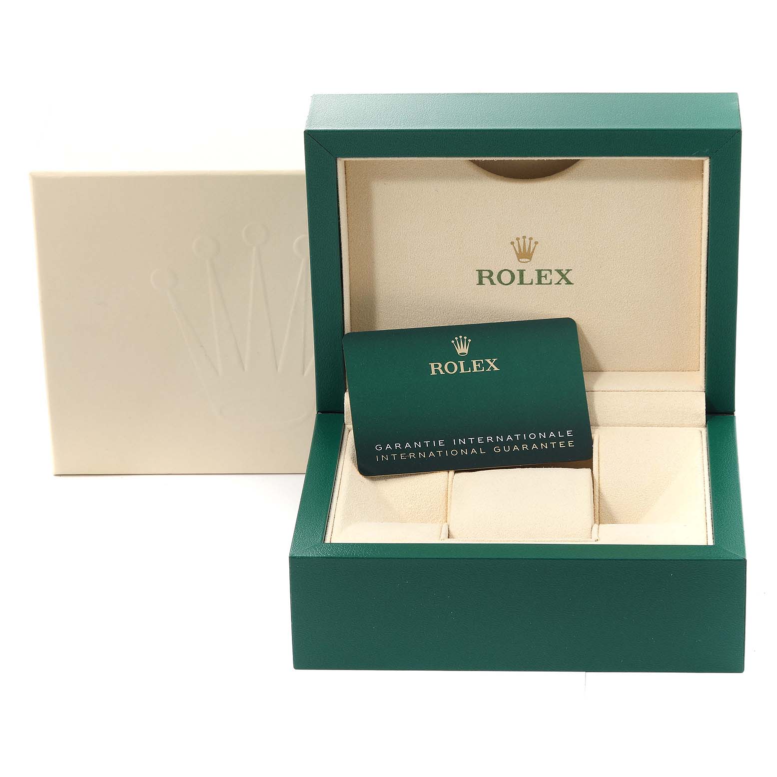 The image shows an open Rolex Submariner 124060 Men
s Stainless Steel Black Dial 124060 Men
s Stainless Steel Black Dial box with an international guarantee card inside.
