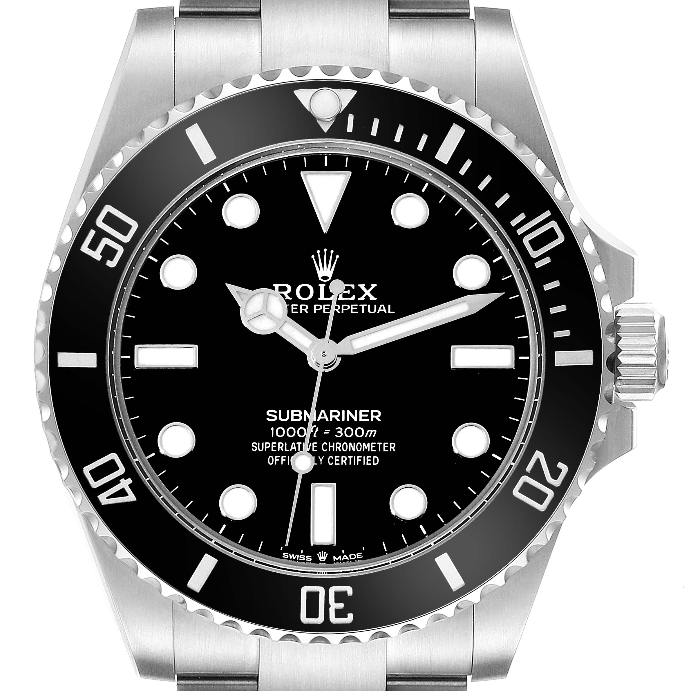 The image shows a front view of a Rolex Submariner 124060 Men
s Stainless Steel Black Dial 124060 Men
s Stainless Steel Black Dial watch, displaying the dial, bezel, hands, and part of the bracelet.
