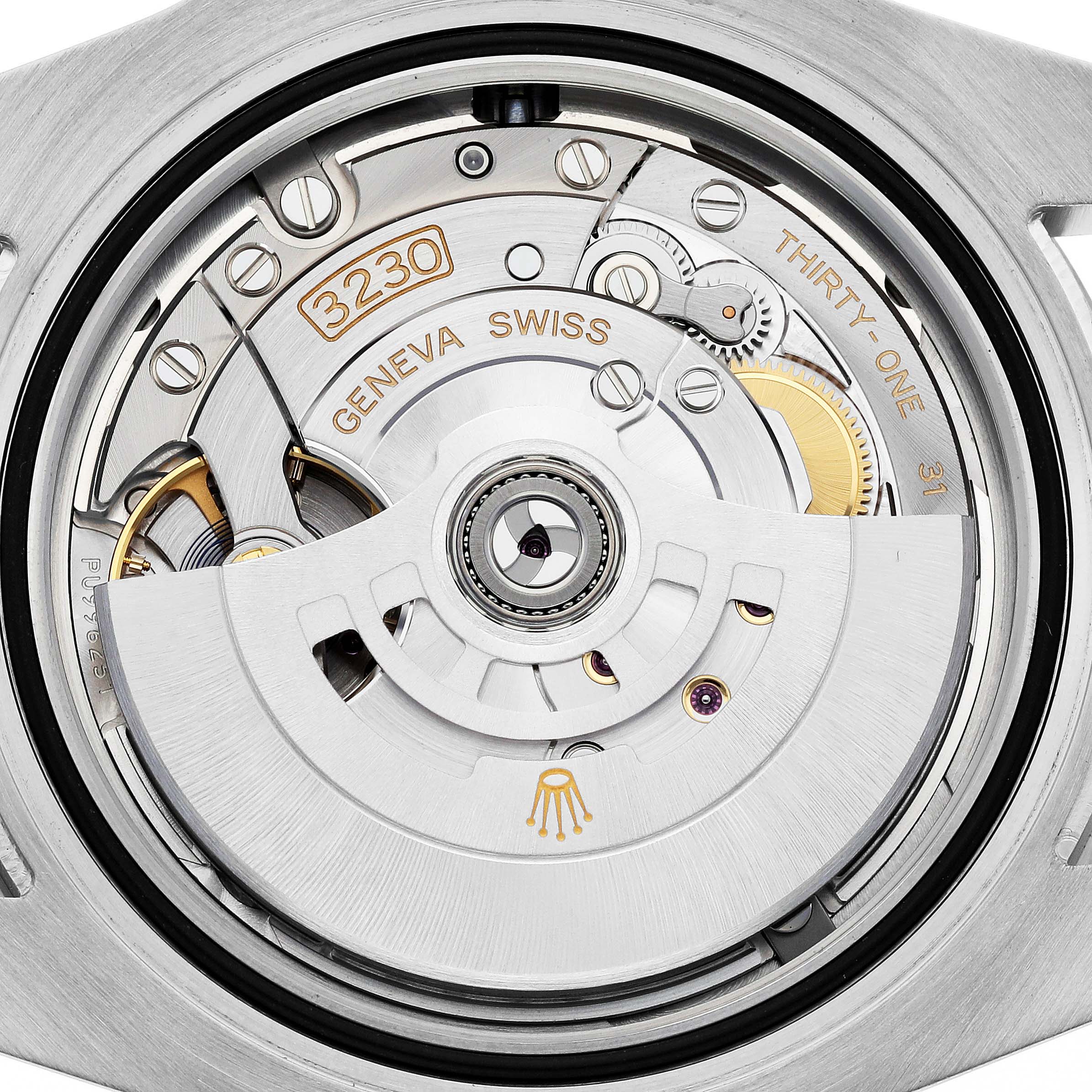 This image shows the movement mechanism of a Rolex Submariner 124060 Men
s Stainless Steel Black Dial 124060 Men
s Stainless Steel Black Dial watch from a straight-on angle.