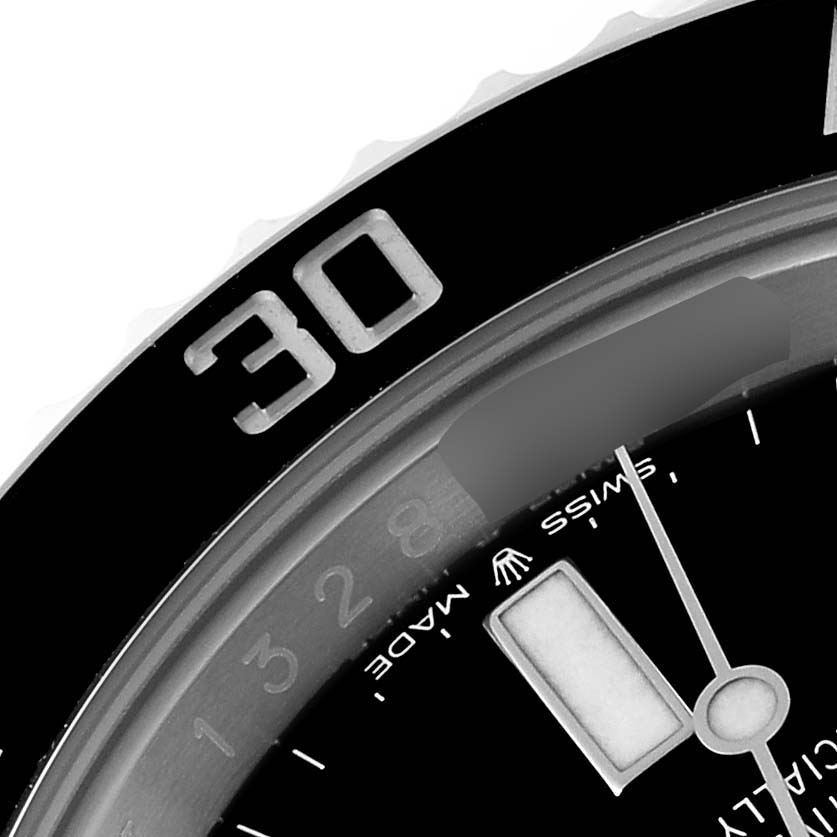 The image shows a close-up of the bezel and part of the dial of a Rolex Submariner 124060 Men
s Stainless Steel Black Dial 124060 Men
s Stainless Steel Black Dial watch, highlighting the 
30
 marker.