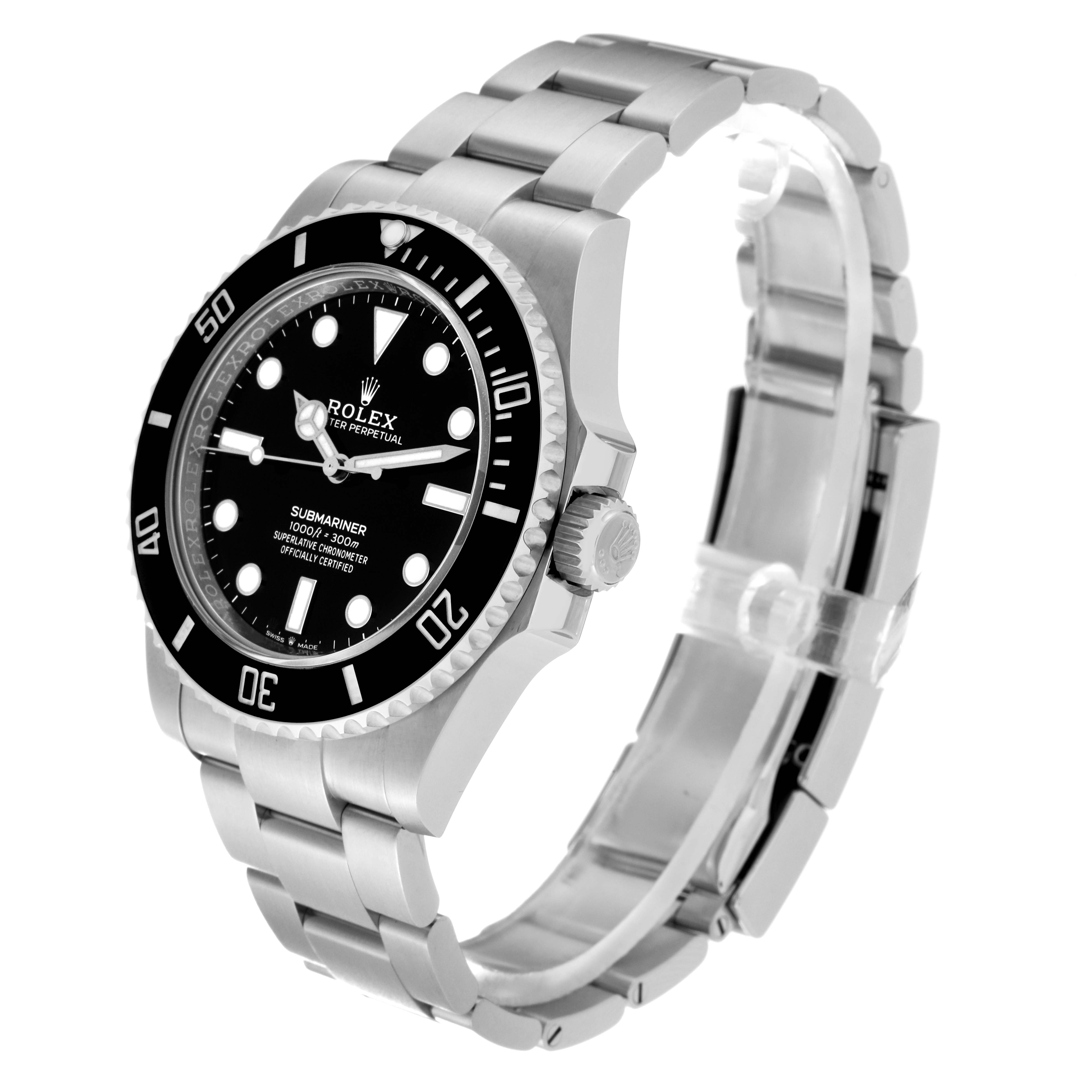 The image shows a side view of the Rolex Submariner 124060 Men
s Stainless Steel Black Dial 124060 Men
s Stainless Steel Black Dial watch, highlighting the dial, bezel, crown, and bracelet.