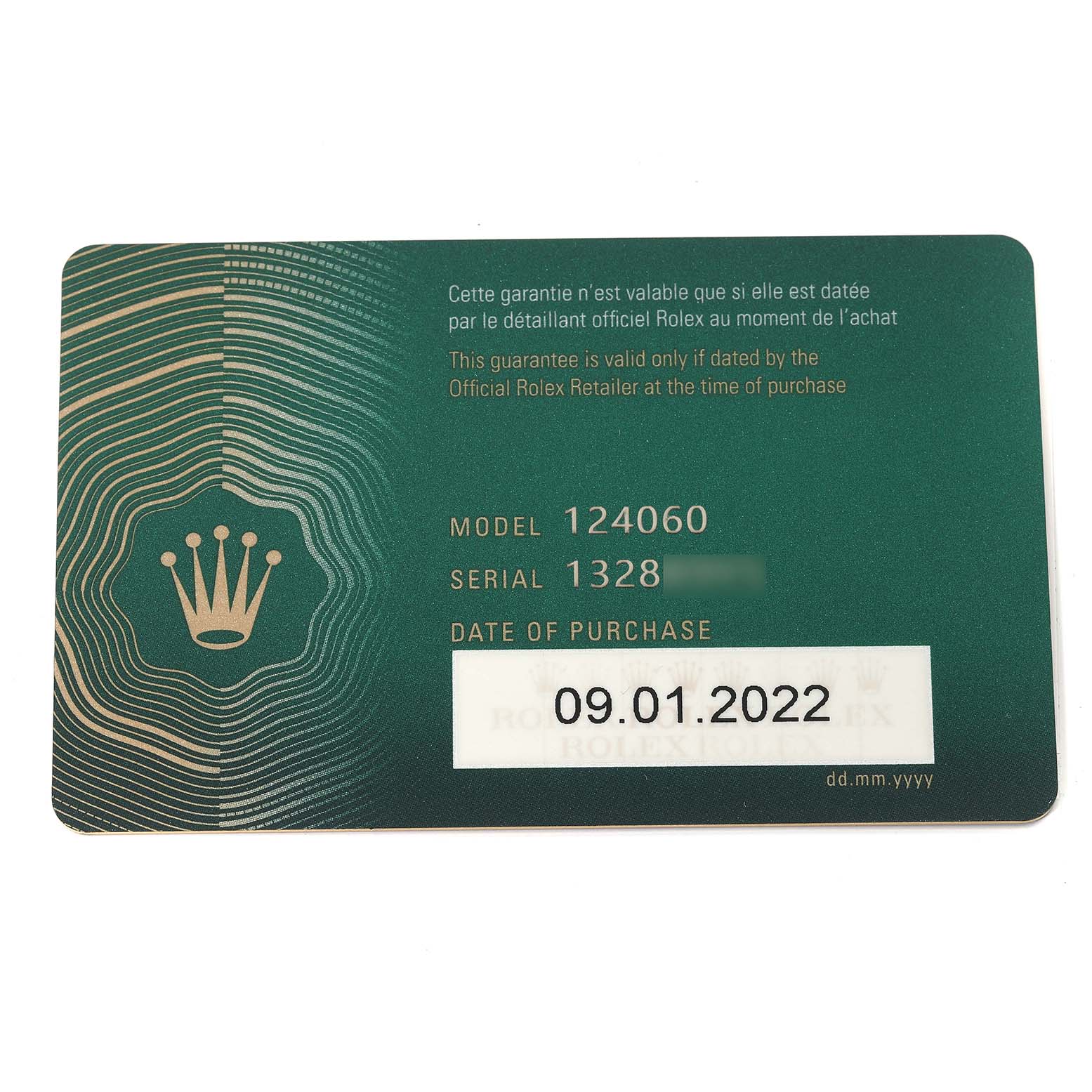 This image shows the warranty card for a Rolex Submariner 124060 Men
s Stainless Steel Black Dial 124060 Men
s Stainless Steel Black Dial model 124060, with the purchase date listed as 09.01.2022.