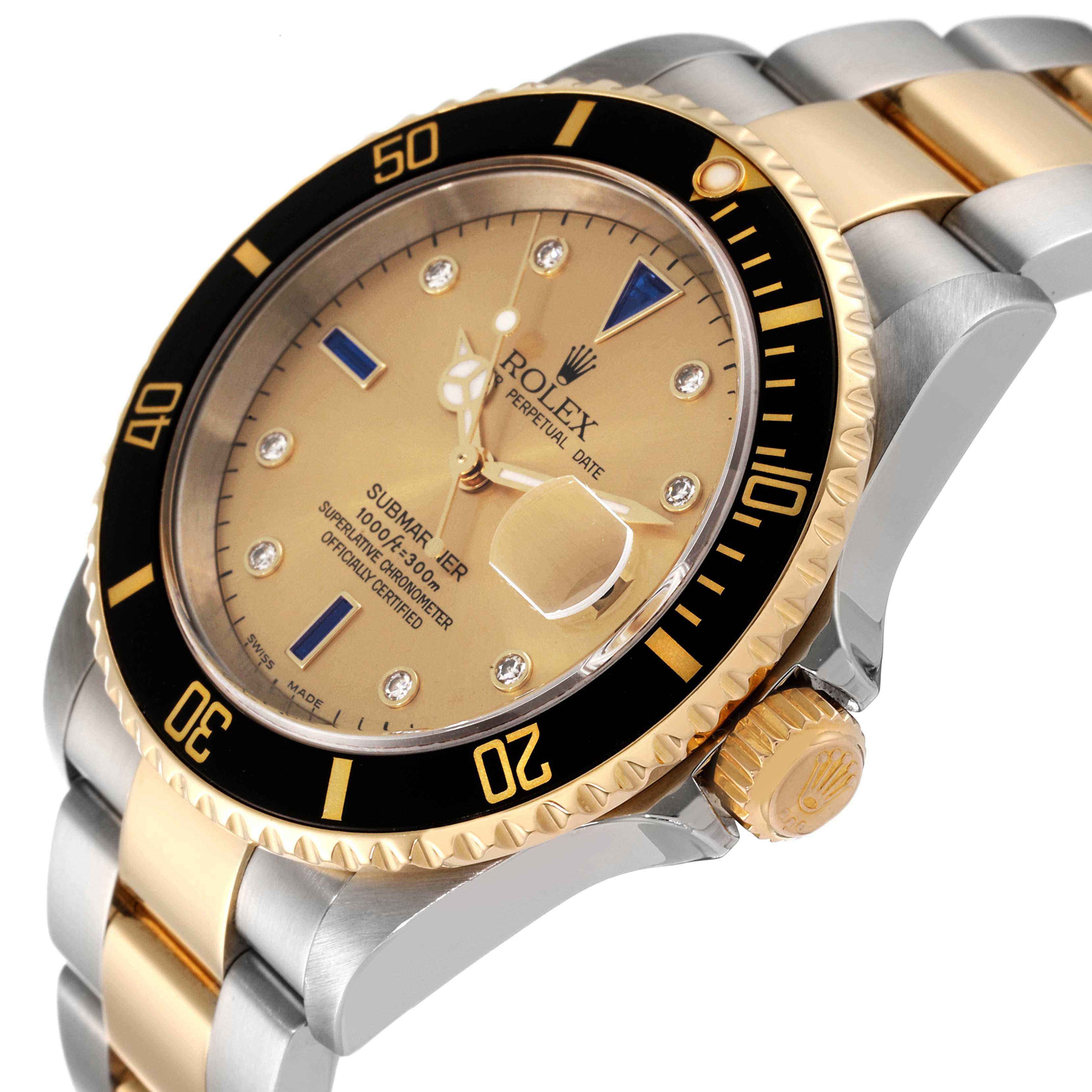 The image shows a side and front angle of the Rolex Submariner 16613 Men's Steel and Gold (two tone) Champagne Dial 16613 Men's Steel and Gold (two tone) Champagne Dial watch, highlighting the face, bezel, crown, and bracelet.