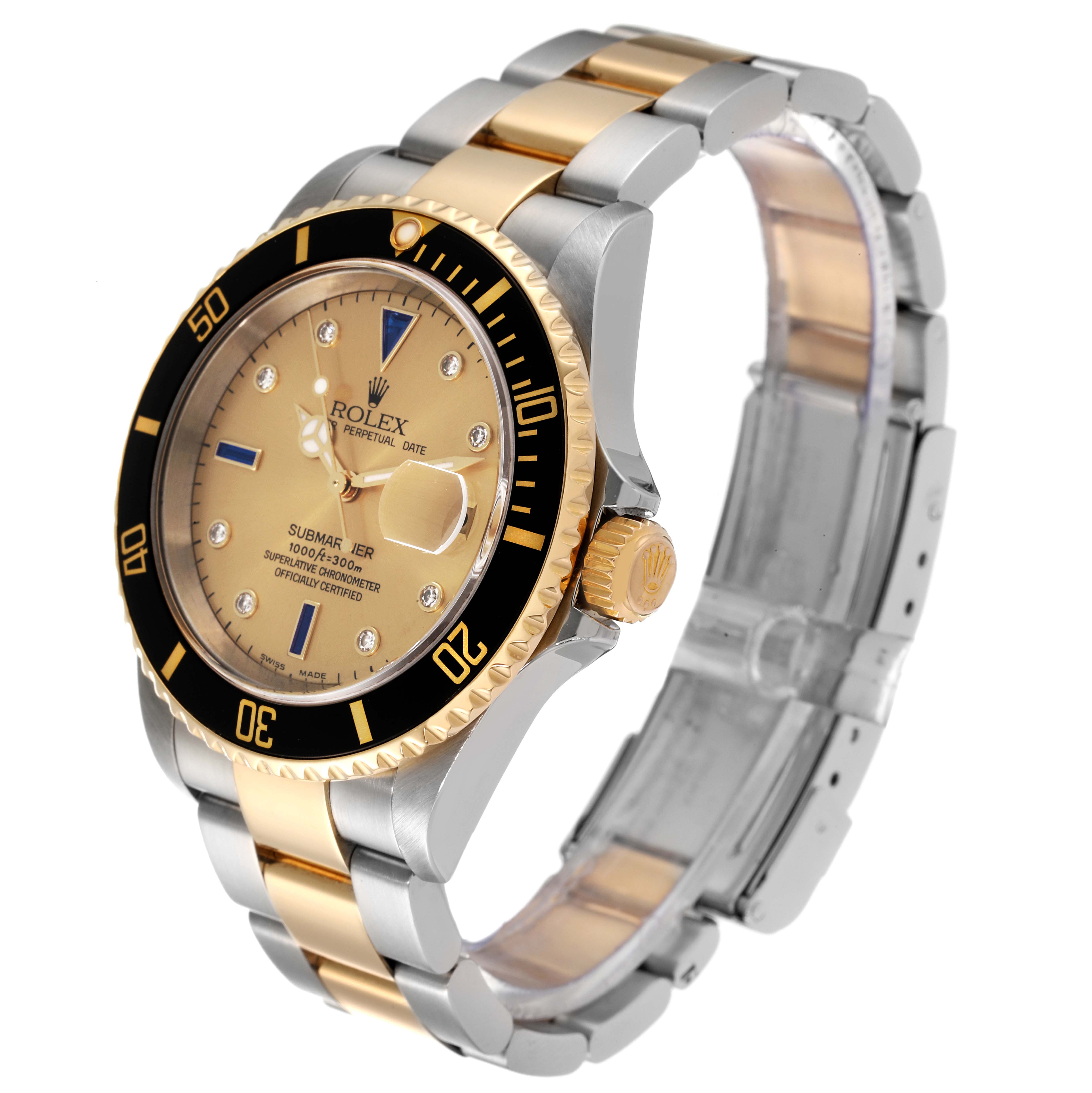 The image shows a Rolex Submariner 16613 Men's Steel and Gold (two tone) Champagne Dial 16613 Men's Steel and Gold (two tone) Champagne Dial watch at a 3/4 angle, highlighting its gold and silver bracelet, bezel, crown, and dial.