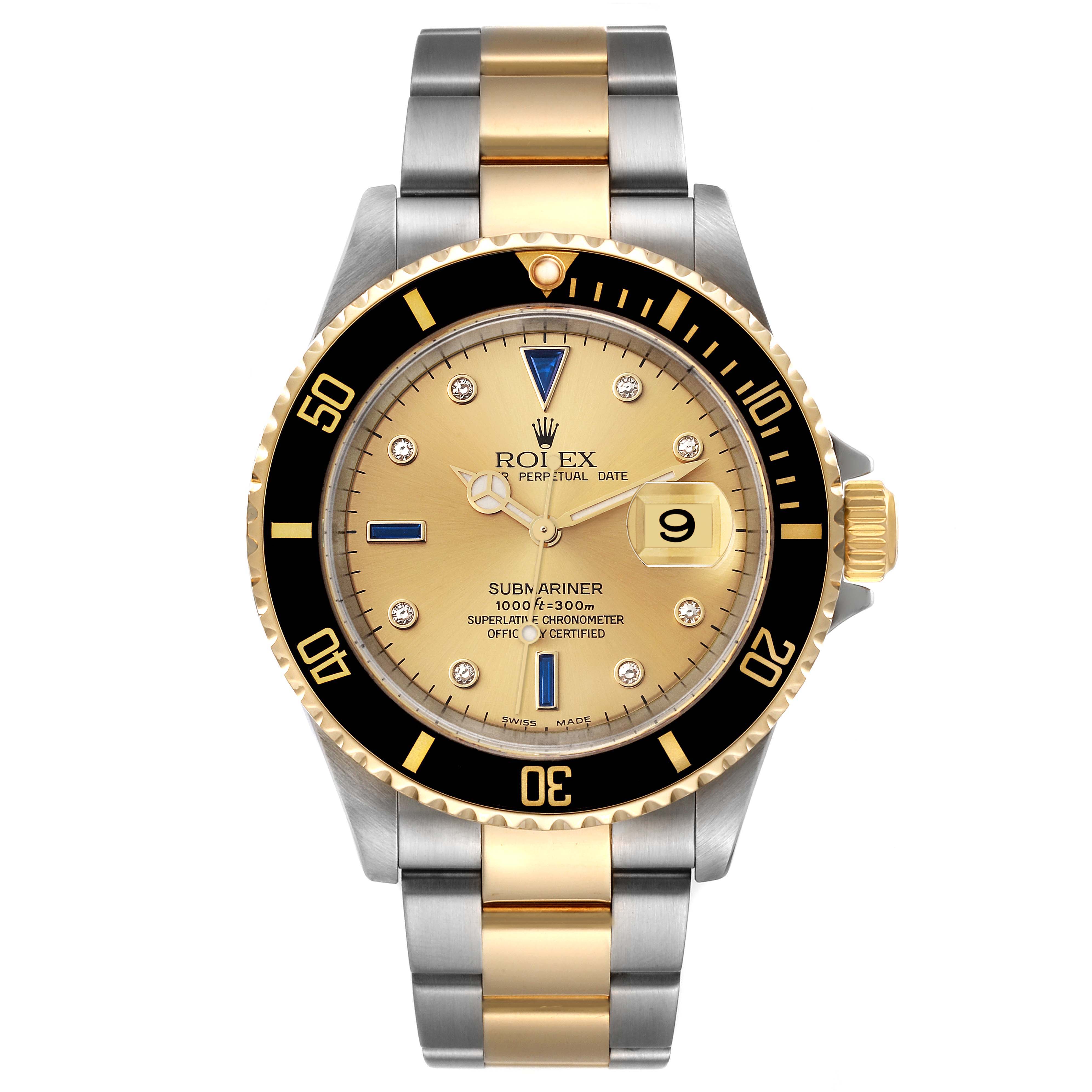 This image shows a front view of a Rolex Submariner 16613 Men's Steel and Gold (two tone) Champagne Dial 16613 Men's Steel and Gold (two tone) Champagne Dial watch, highlighting its gold and silver bracelet, golden dial, and black bezel.