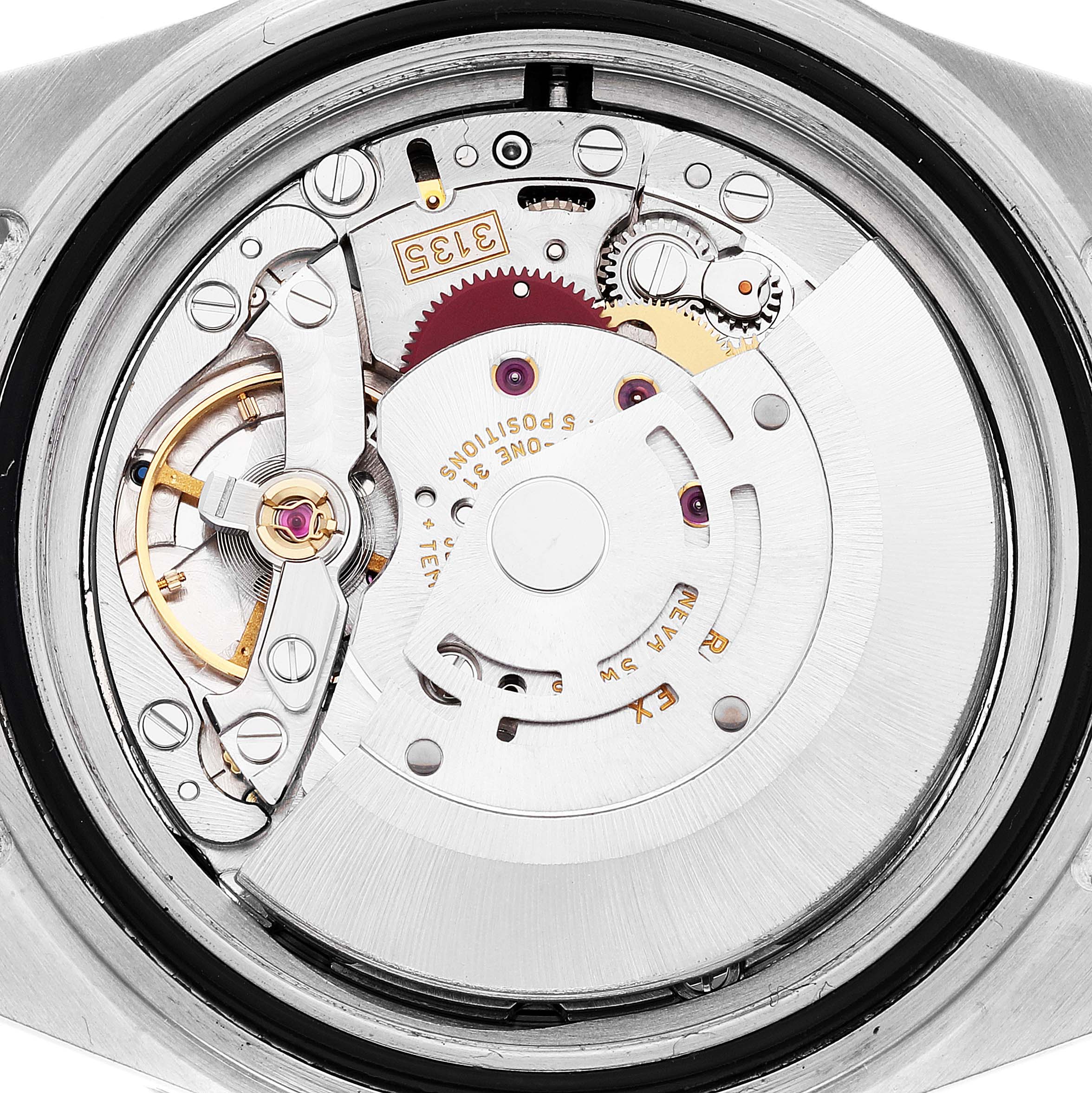 This image shows the internal movement mechanism of a Rolex Submariner 16613 Men's Steel and Gold (two tone) Champagne Dial 16613 Men's Steel and Gold (two tone) Champagne Dial watch viewed from the back.
