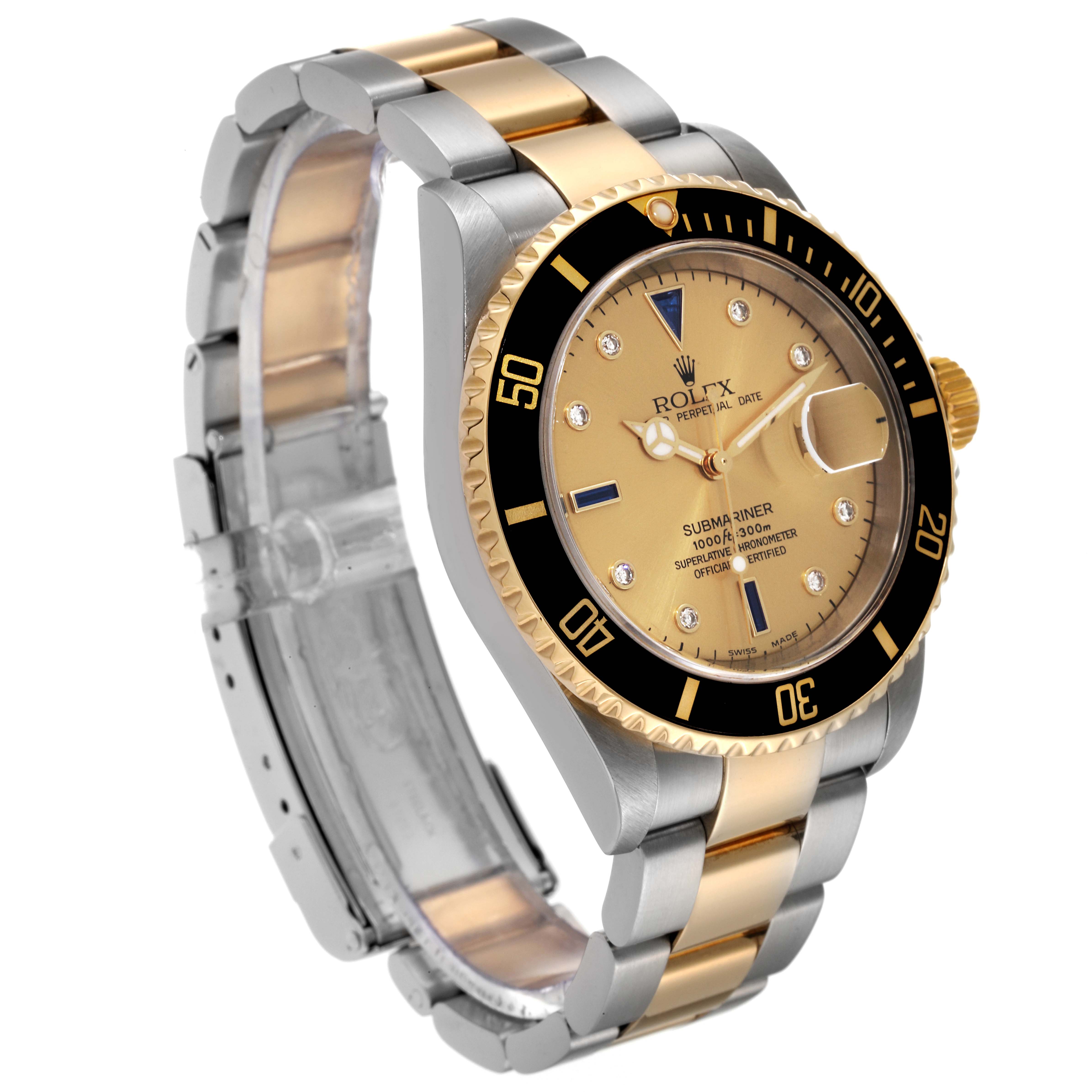The Rolex Submariner 16613 Men's Steel and Gold (two tone) Champagne Dial 16613 Men's Steel and Gold (two tone) Champagne Dial is shown from an oblique angle, emphasizing the watch face, crown, and two-tone bracelet.